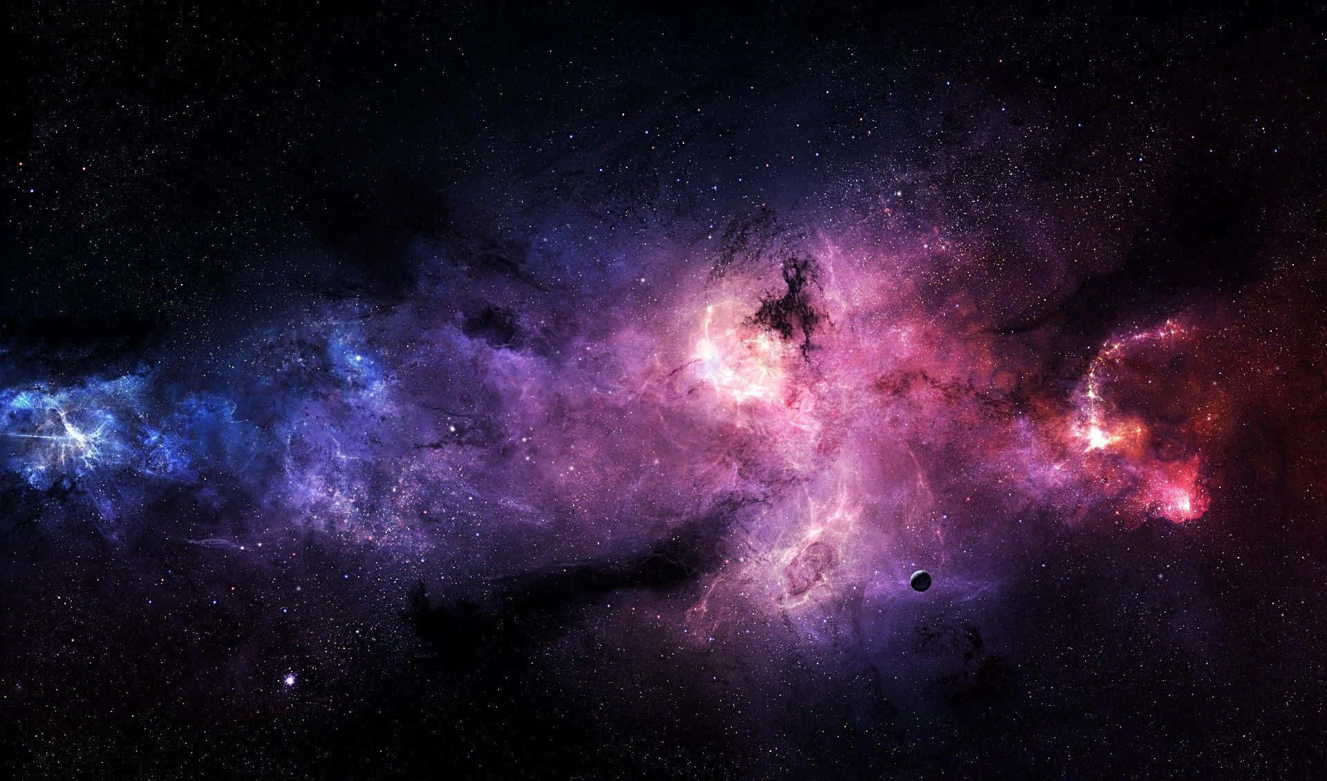 酷炫太空 桌布 壁紙 — 一個宇宙星雲以鮮豔的紫色、粉紅色和藍色旋轉，背景是星場，附近有一顆小行星漂浮。