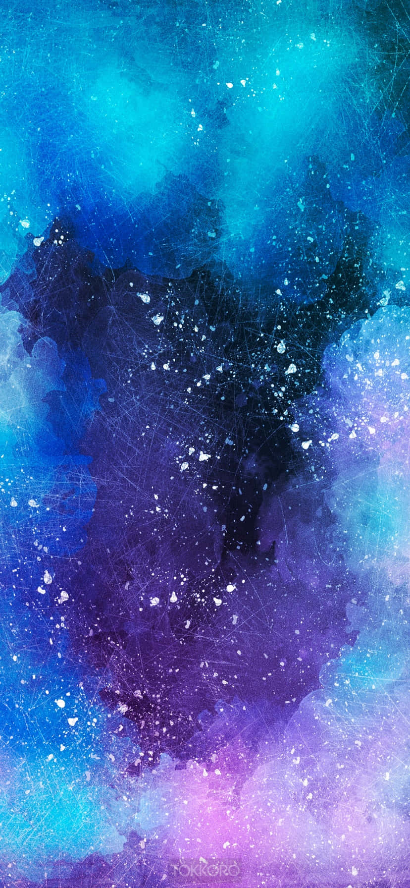 Blue iPhone Xr 桌布 壁紙 — 一個宇宙星雲以鮮豔的藍色、紫色和粉紅色旋轉，散佈著白色星星和微小的刮痕。