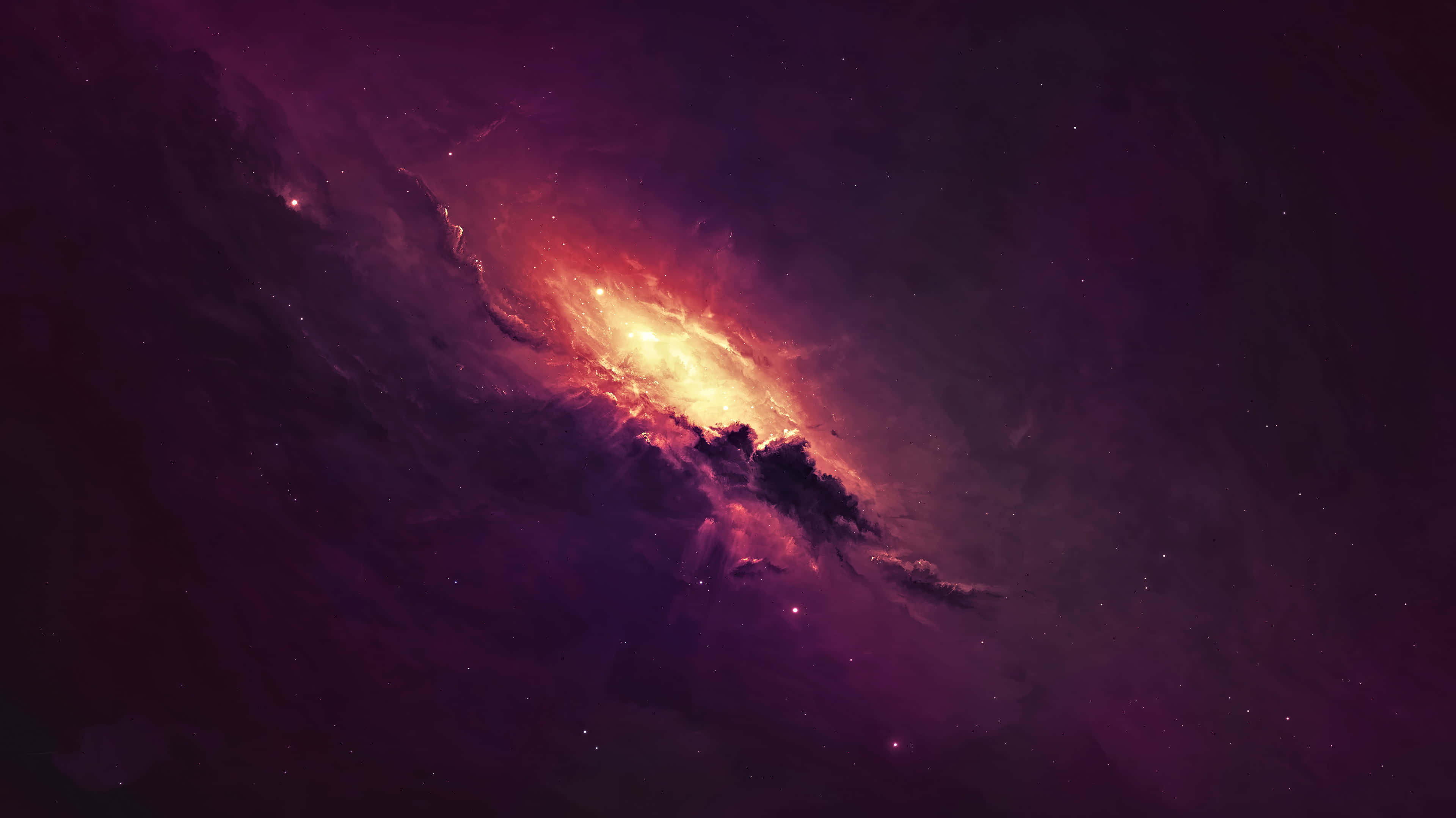 Black And Purple Galaxy 桌布 壁紙 — 一個宇宙星雲在佈滿星星的虛空中散發出火熱的橙色和深紫色光芒。