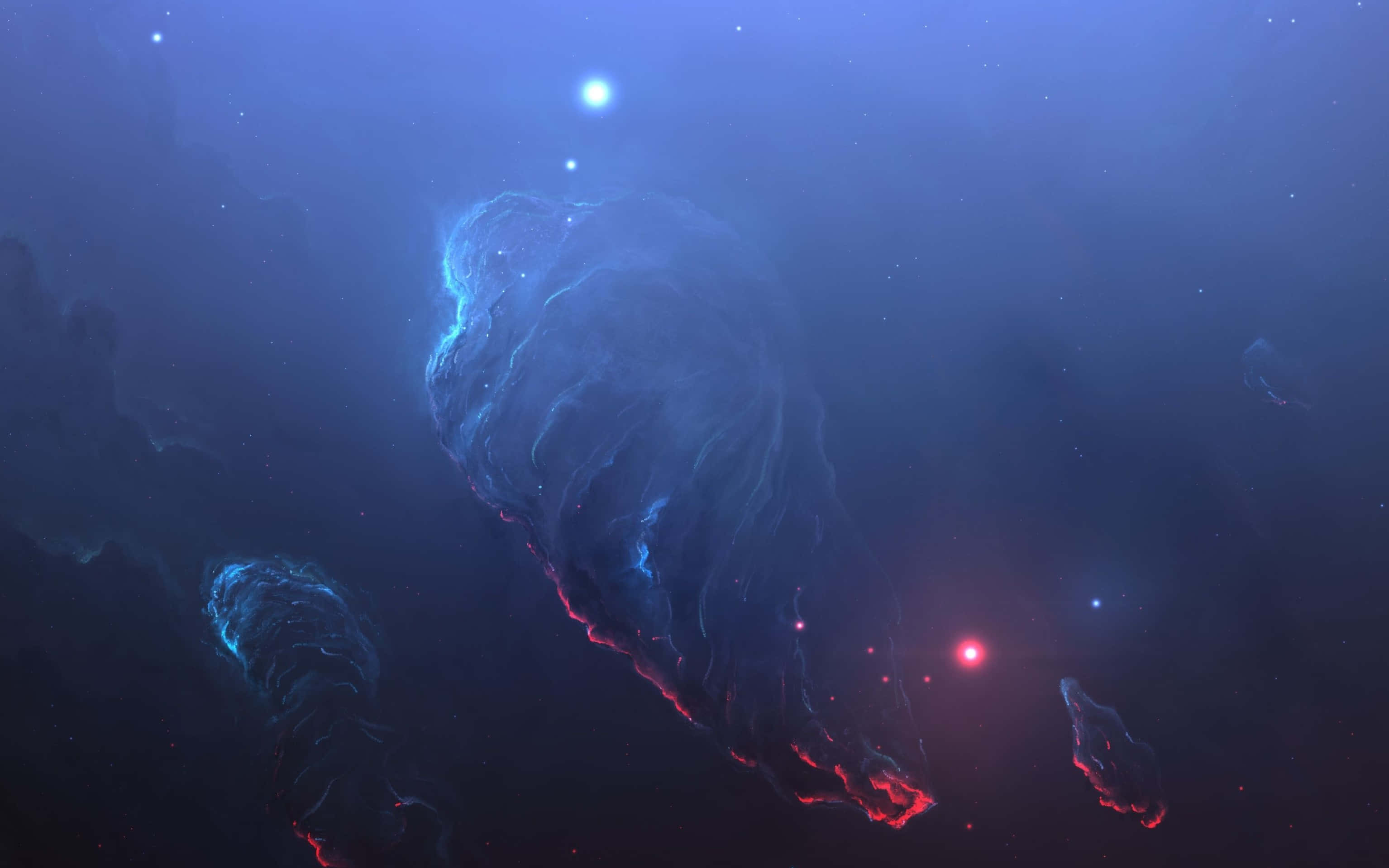 Celestial 桌布 壁紙 — 一個宇宙星雲在佈滿星星的黑暗虛空中發出電藍色和火紅色的卷鬚光芒。