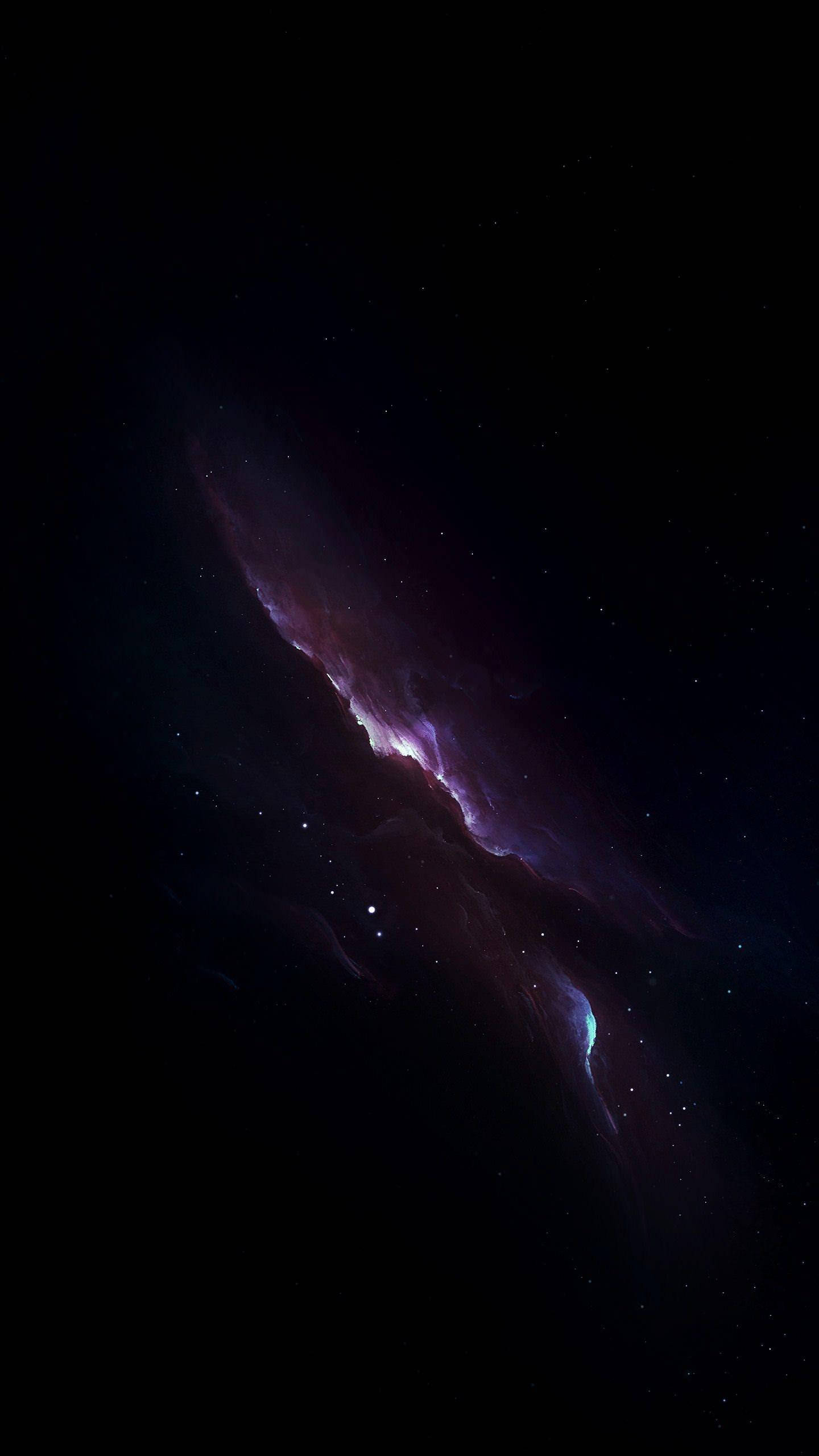 X 桌布 壁紙 — 一個宇宙星雲在佈滿星星的黑色虛空中散發出鮮豔的紫色和藍綠色光芒。