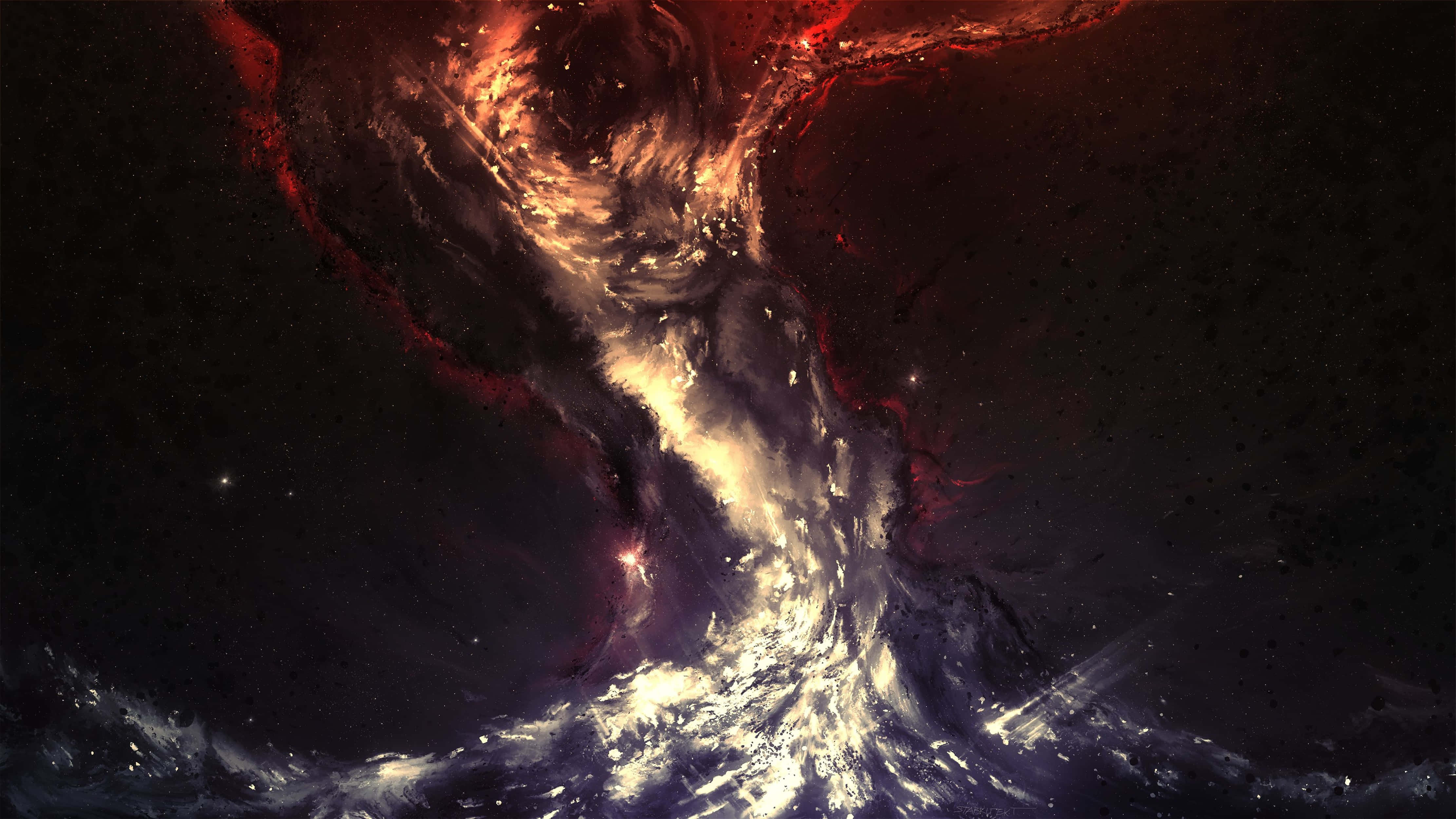 高清 桌布 壁紙 — 一個宇宙星雲在佈滿星星的黑色虛空中旋轉，帶有火紅和發光的白色。
