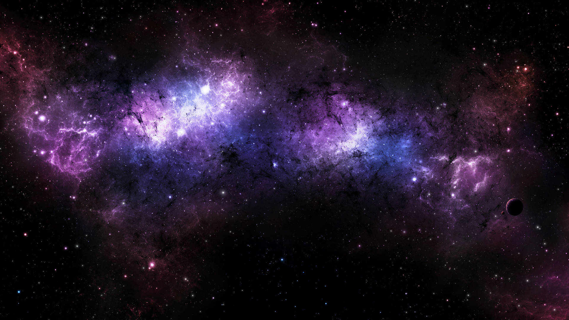 Stars 桌布 壁紙 — 一個宇宙星雲在佈滿星星的黑色虛空和遙遠行星的背景下，以鮮豔的紫色和藍色旋轉。