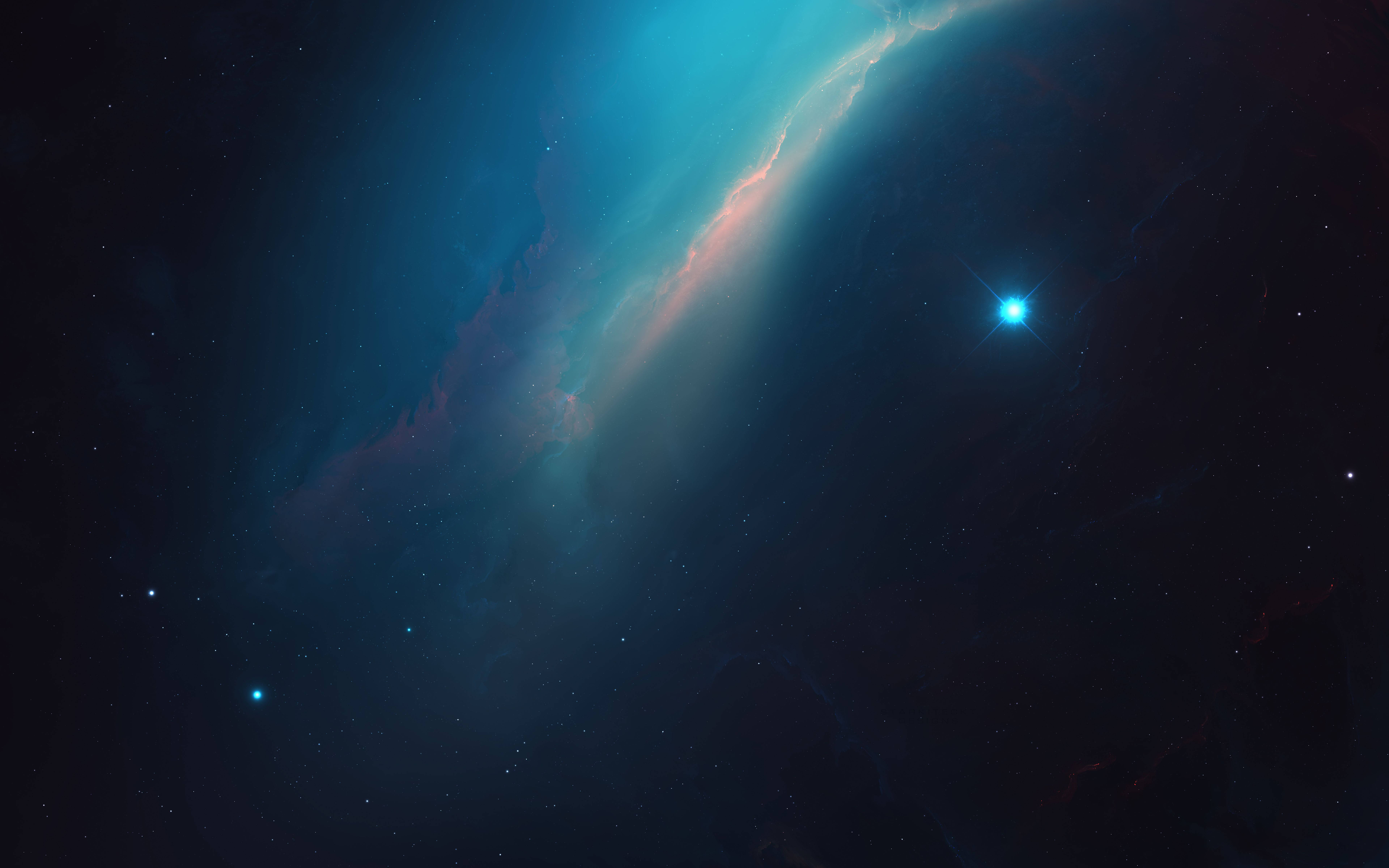 星際效應 桌布 壁紙 — 一個宇宙星雲在佈滿星星的黑色虛空中散發出充滿活力的青綠色和粉紅色調，附近有一顆明亮的藍色星星閃耀。