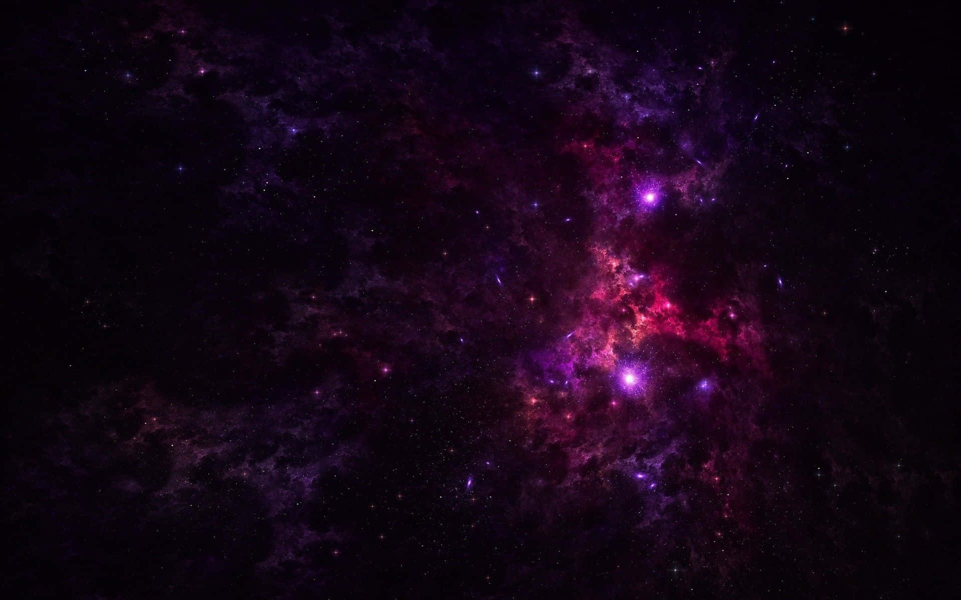 粉紅銀河 桌布 壁紙 — 一個宇宙星雲在佈滿星星的黑色虛空中旋轉，散發著鮮豔的紫色和粉紅色氣體。