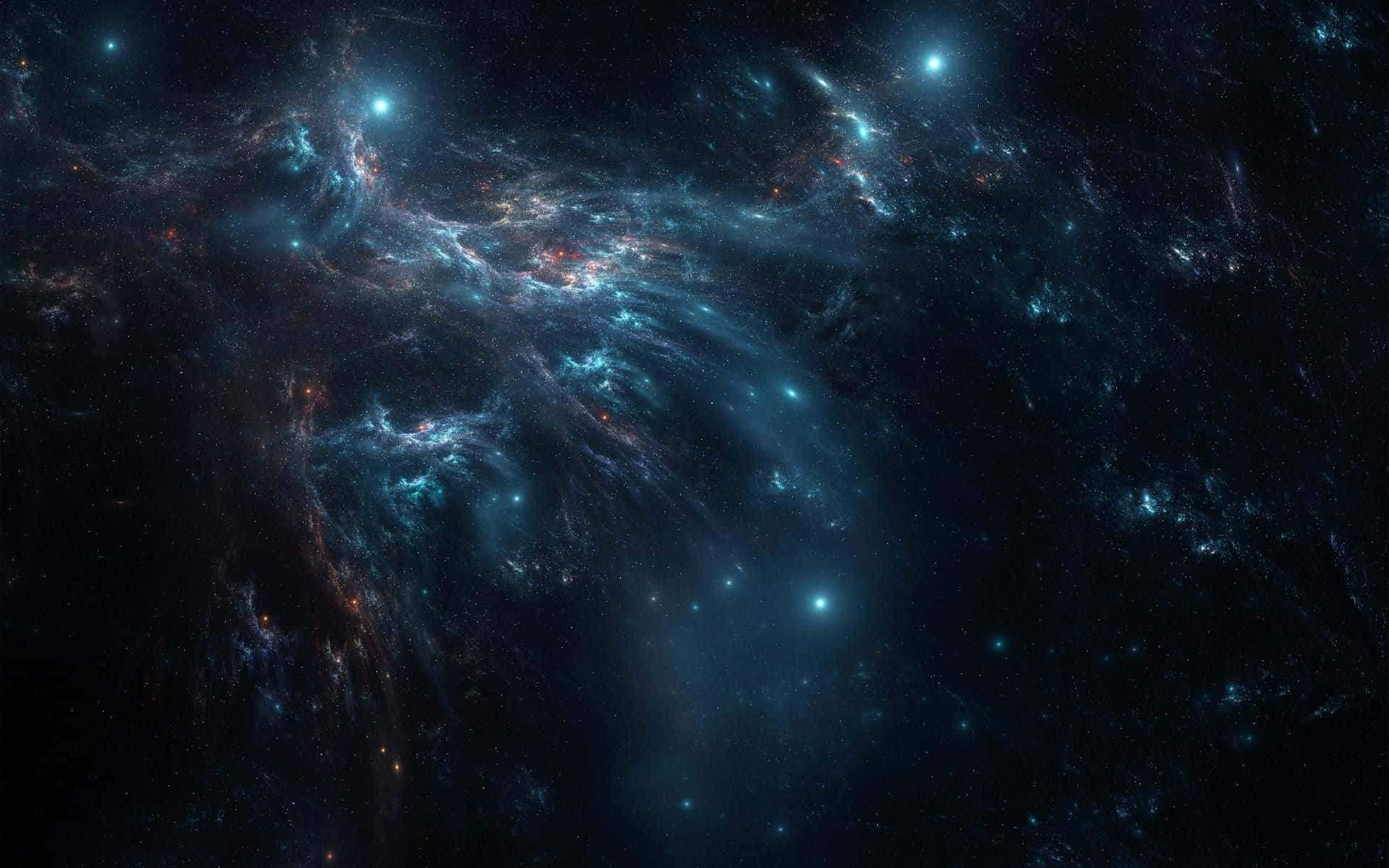 Space Nebula 桌布 壁紙 — 一個宇宙星雲在佈滿星星的黑色虛空中旋轉，散發著發光的藍色和橙色氣體。