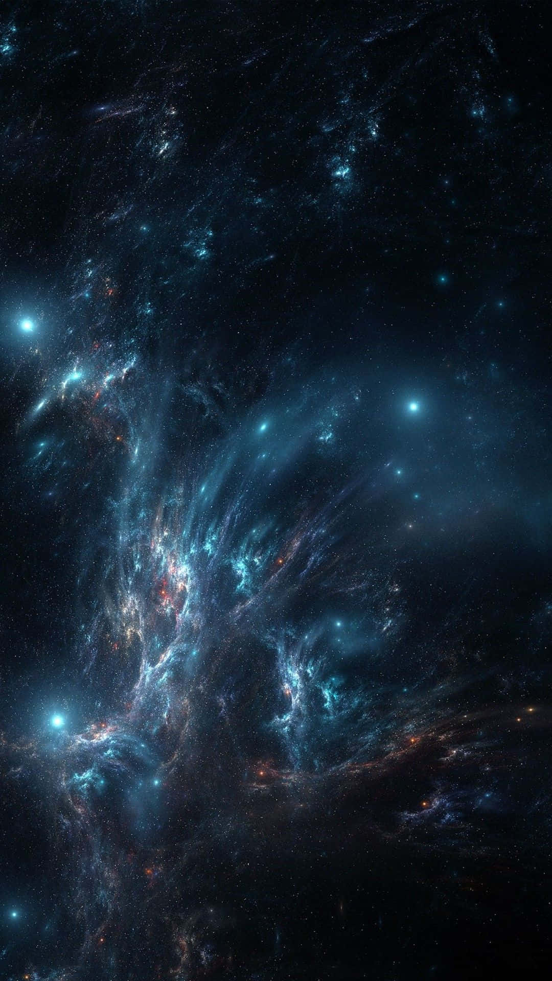 桌布 壁紙 — 一個宇宙星雲在佈滿星辰的黑色虛空中旋轉，帶有電光藍和火熱橙色的氣體。