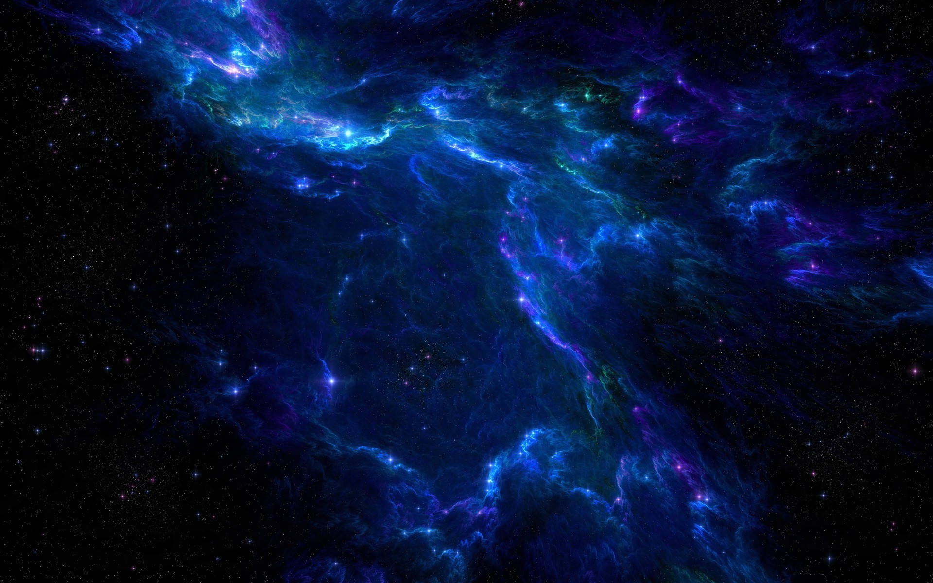 銀河 桌布 壁紙 — 一個宇宙星雲在佈滿星辰的黑色虛空中以電光藍和紫色旋轉。