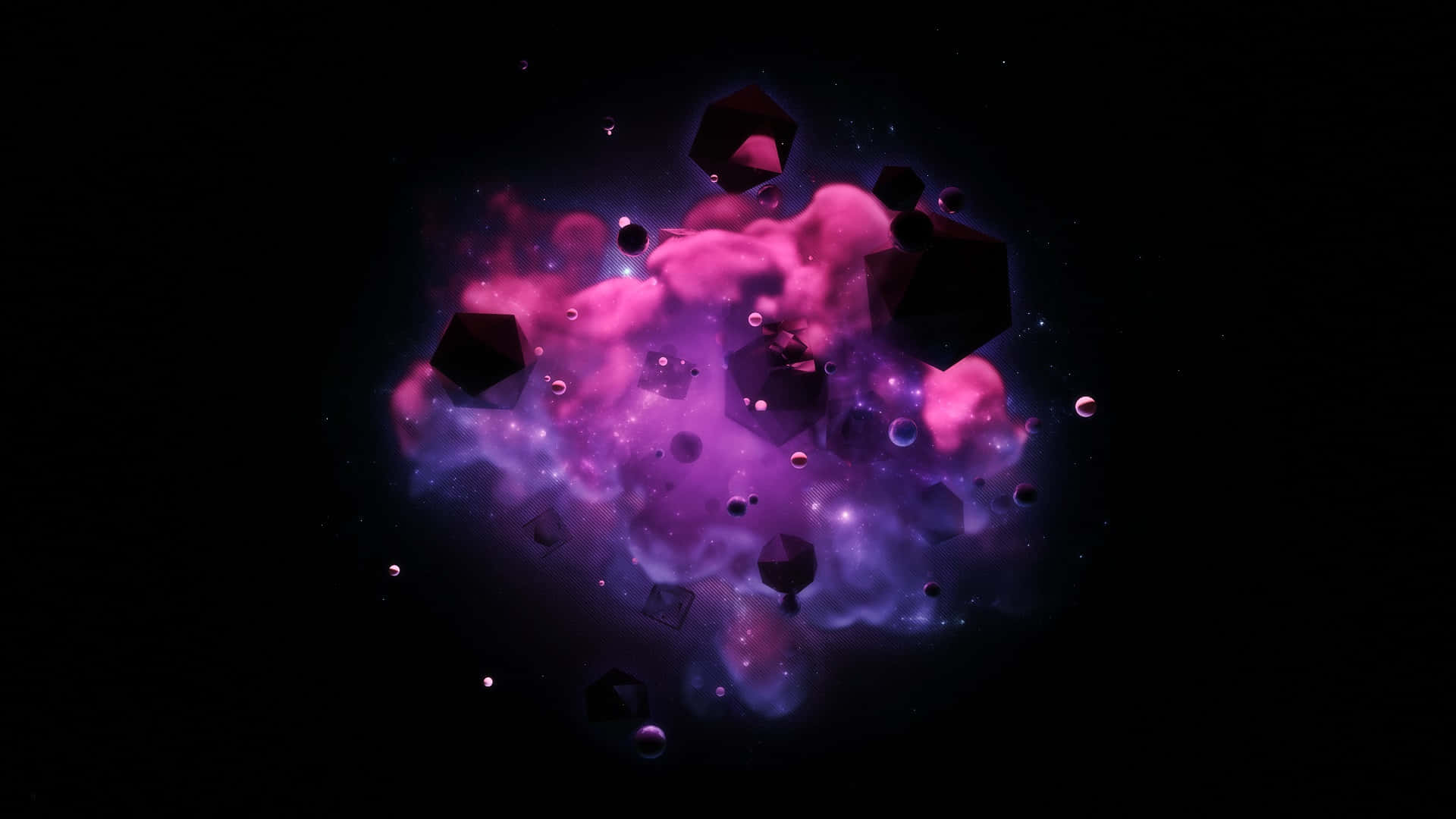 Purple Smoke 桌布 壁紙 — 一個宇宙星雲在充滿活力的粉紅色和紫色色調中旋轉，周圍漂浮著幾何黑色立方體，背景是繁星點點的虛空。