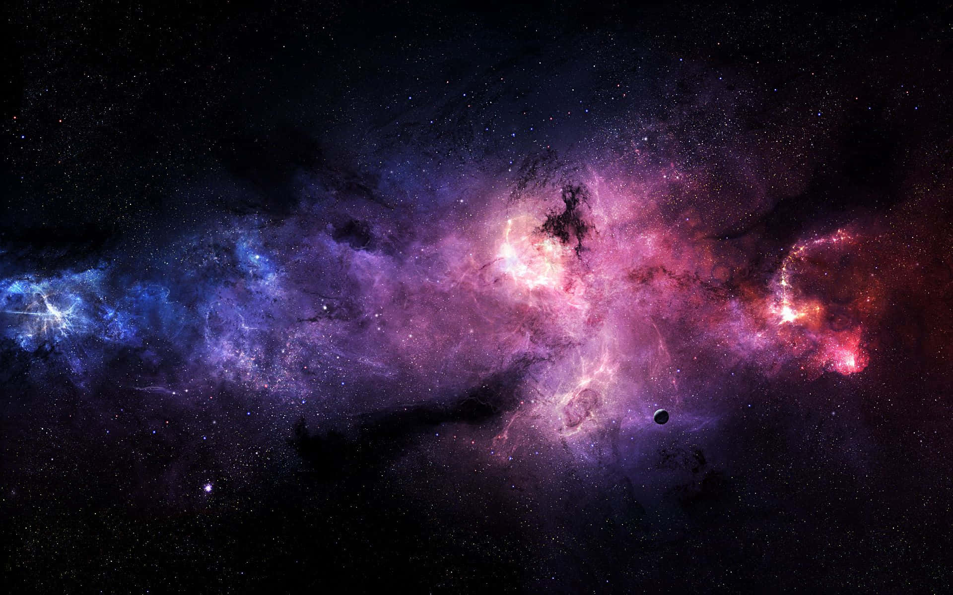 Deep Space 桌布 壁紙 — 一個宇宙星雲在充滿活力的紫色、粉紅色和藍色中旋轉，背景是星空，附近有一顆小行星漂浮。