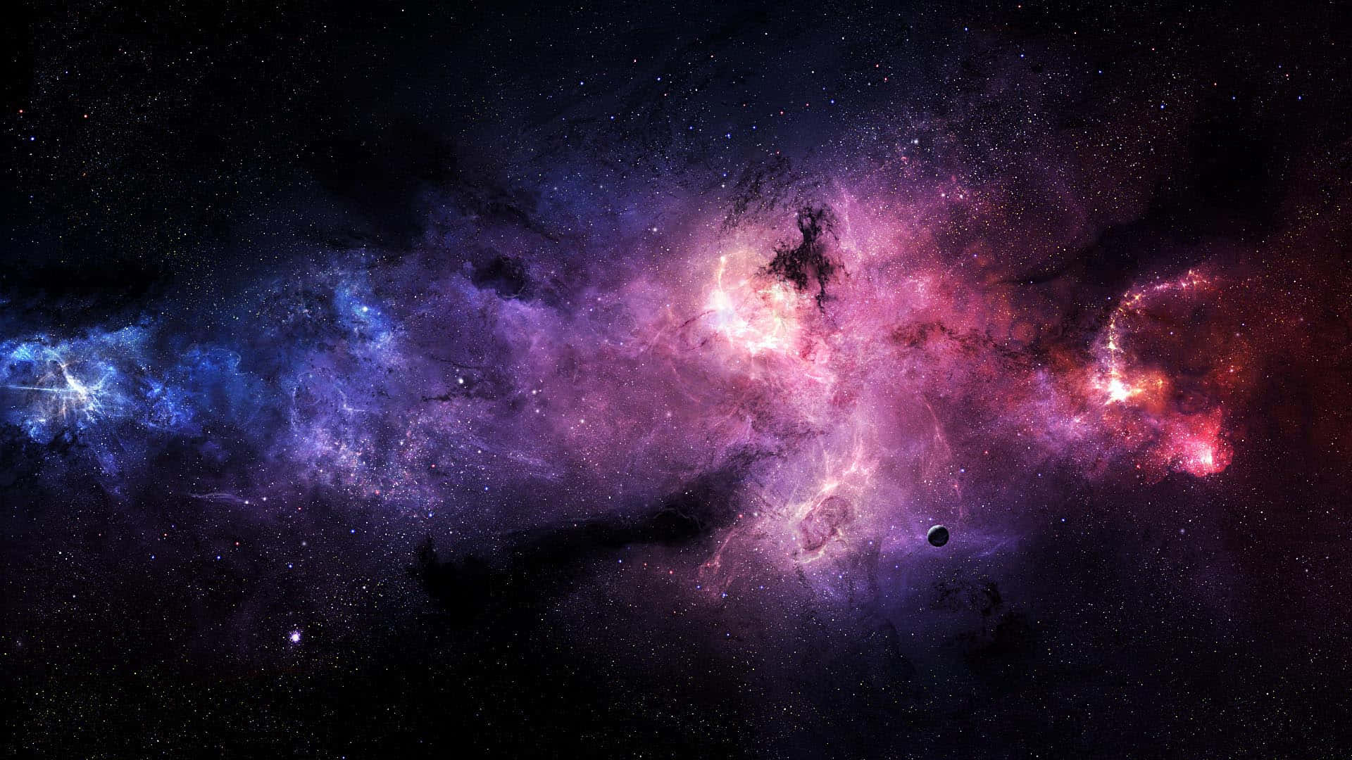 Purple Star 桌布 壁紙 — 一個宇宙星雲在充滿活力的紫色、粉紅色和藍色中旋轉，背景是星場，附近漂浮著一顆小行星。