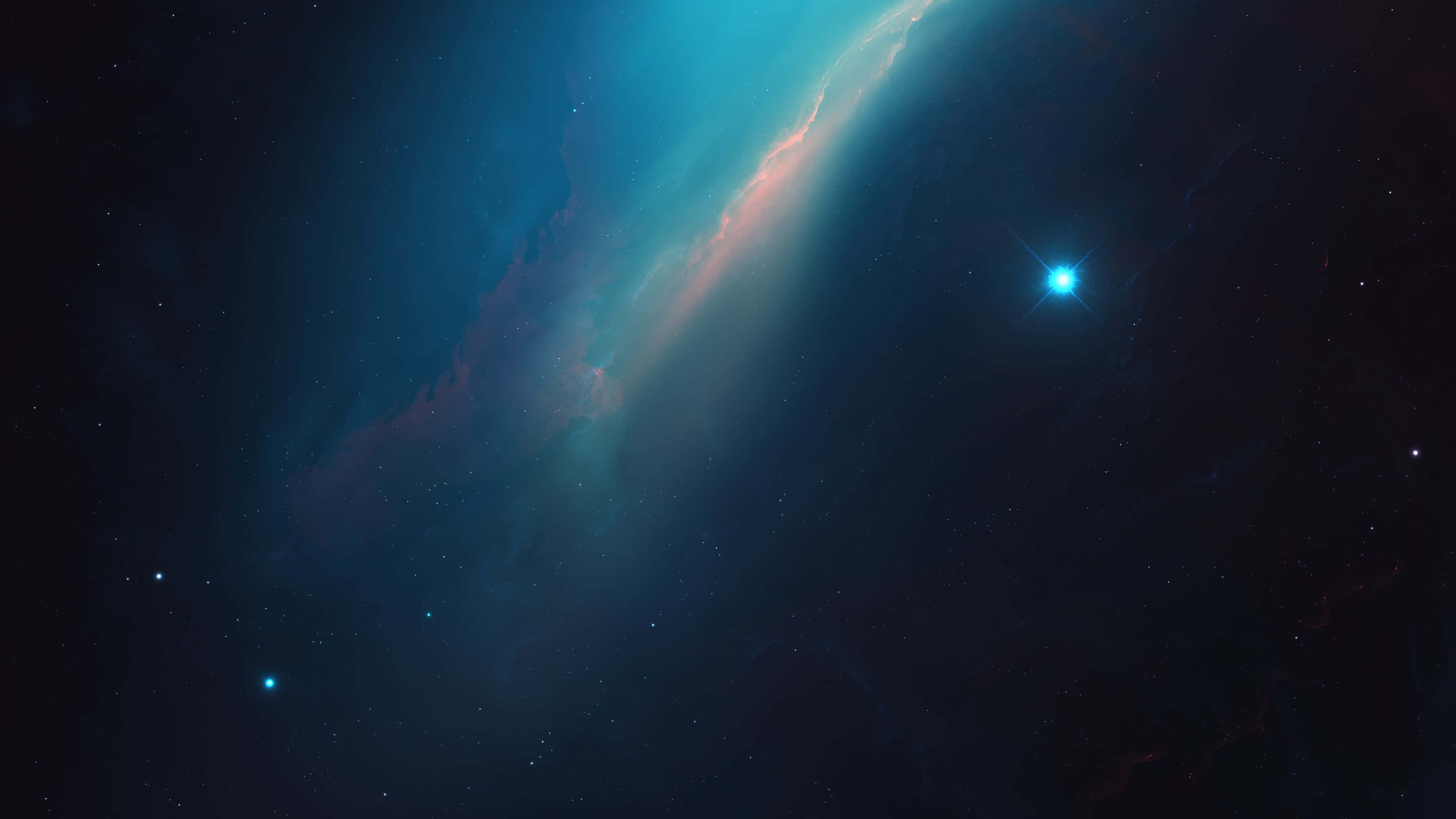 太空 桌布 壁紙 — 一個宇宙星雲在充滿活力的青綠色和粉紅色中旋轉，背景是星空，附近有一顆明亮的藍色星星閃耀。