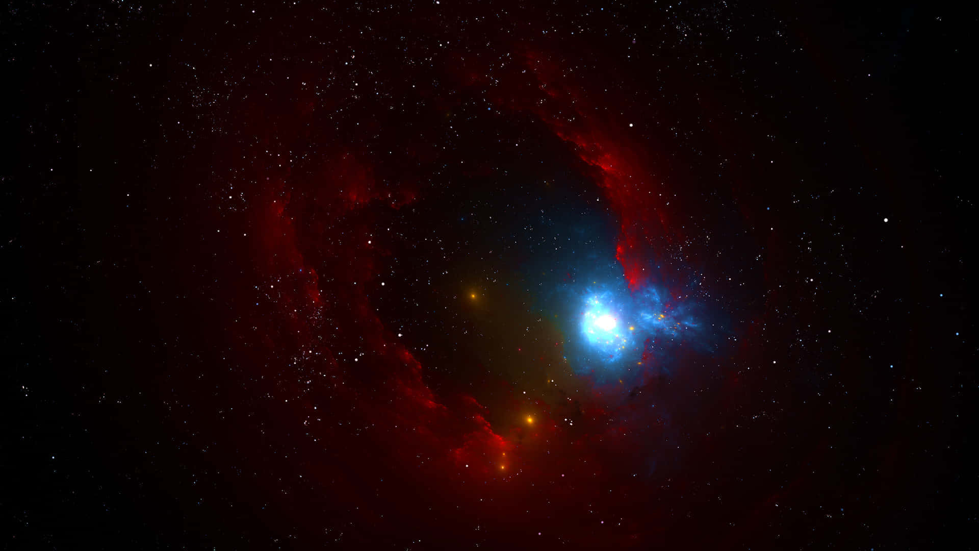 Red Space 桌布 壁紙 — 一個宇宙星雲在星場背景下，圍繞著一顆燦爛的中心星旋轉著充滿活力的紅色和藍色氣體。