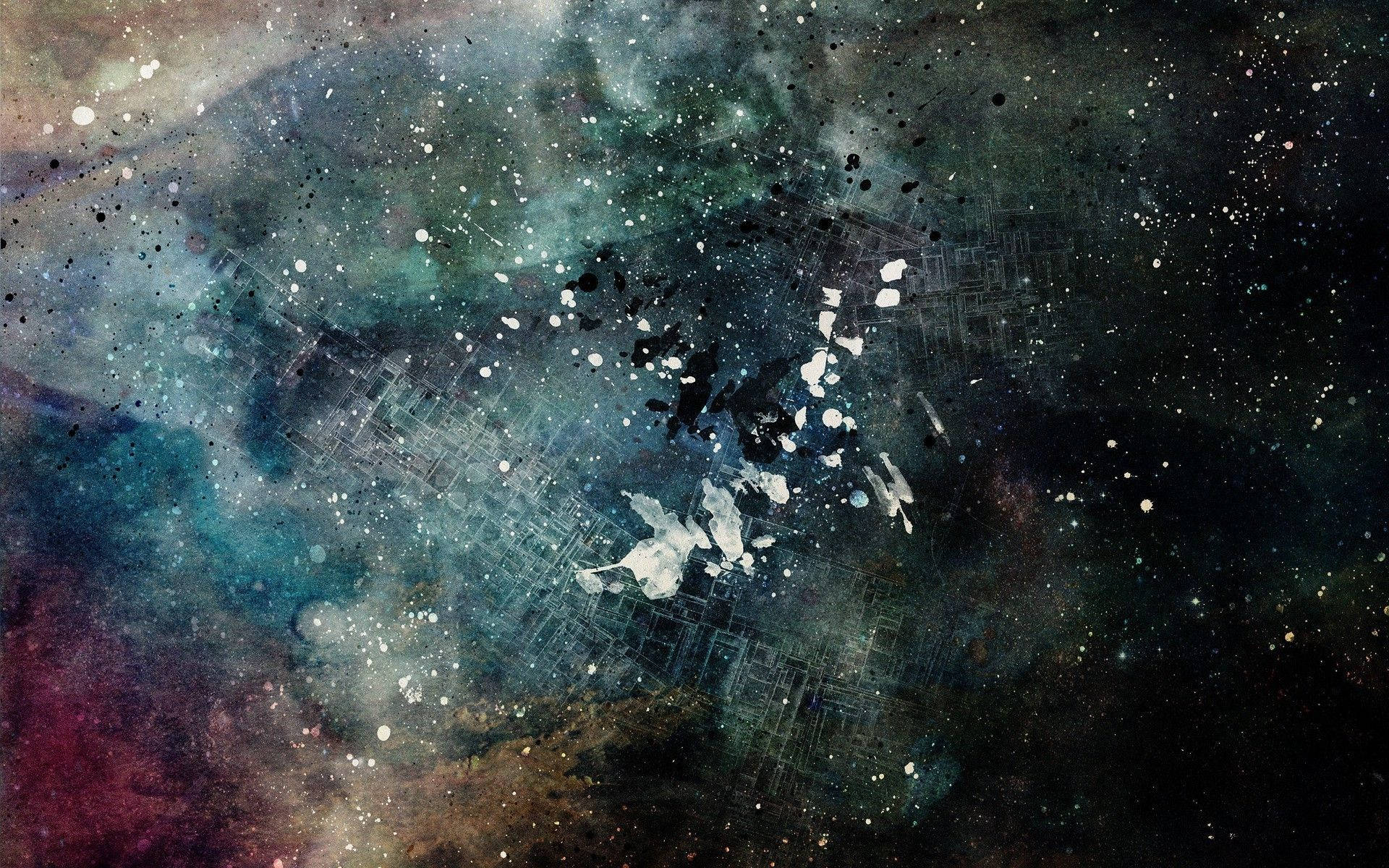 油漬搖滾 桌布 壁紙 — 一個宇宙星雲在星場背景下以青綠色和洋紅色調旋轉，上面覆蓋著抽象的白色油漆飛濺和網格線。