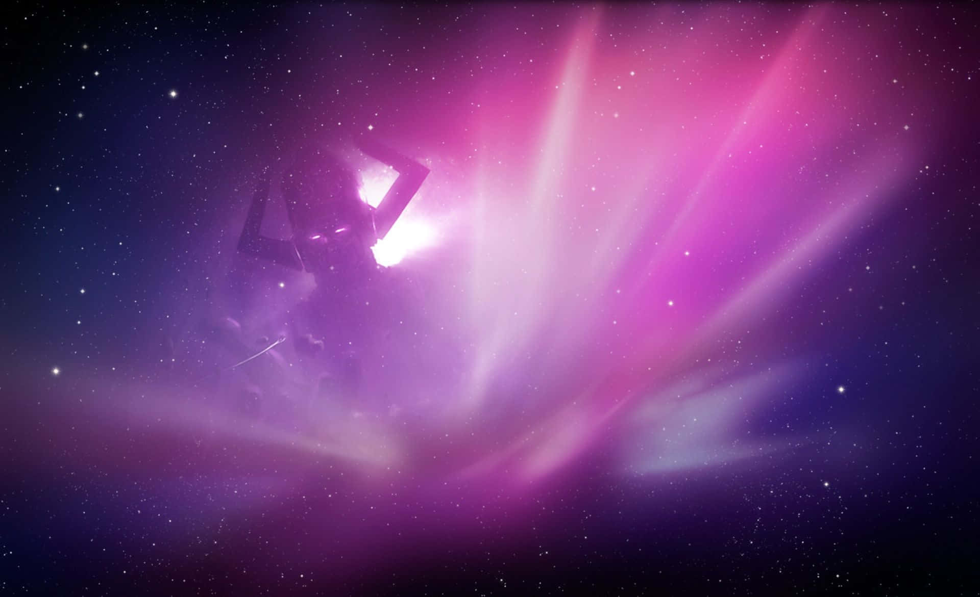 Galactus 桌布 壁紙 — 一個宇宙星雲在星空中散發出耀眼的粉紅色和紫色光芒，一艘黑暗的太空船從發光的雲層中出現。