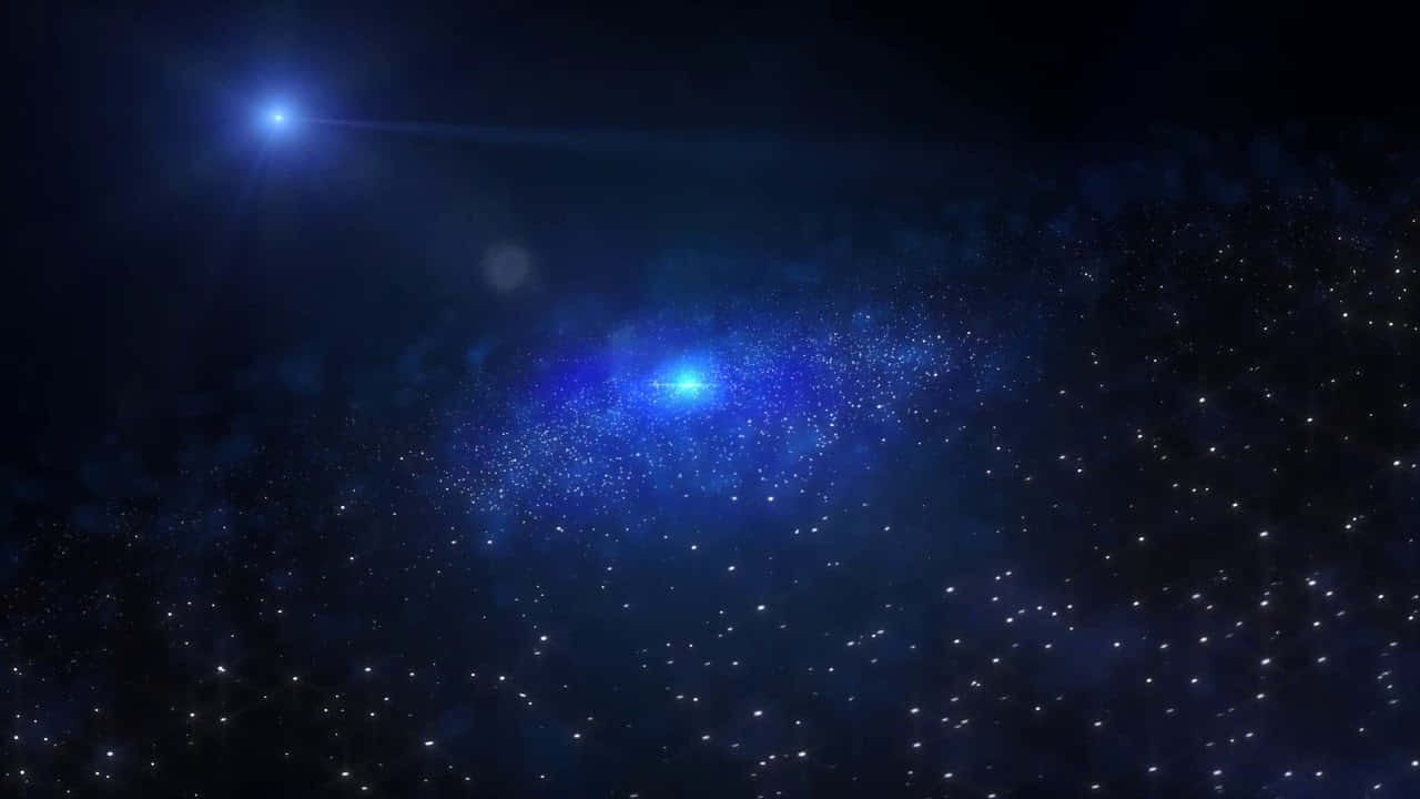 Cool Blue Galaxy 桌布 壁紙 — 一個宇宙星雲在星空中散發出鮮豔的藍光，由一顆璀璨的恆星照亮，產生鏡頭光暈。