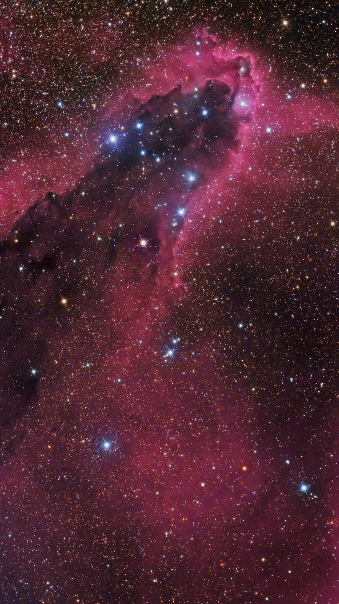 Stars 桌布 壁紙 — 一個宇宙星雲在星空中散發出鮮豔的洋紅色和深紅色的光芒，黑暗的塵埃帶在明亮的星團襯托下形成剪影。