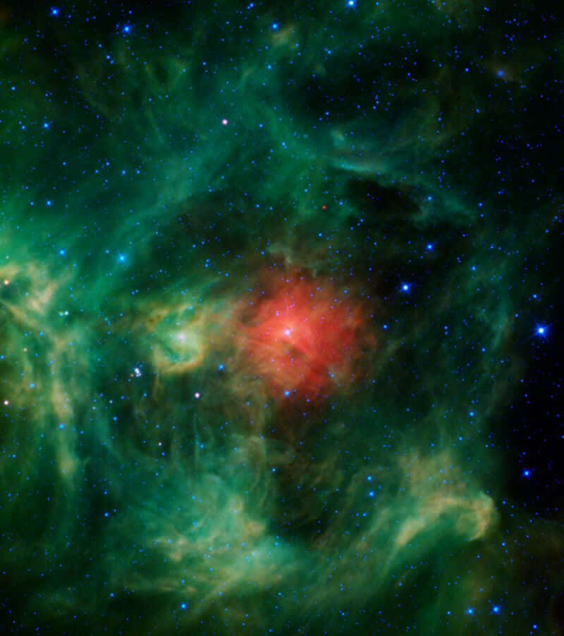 Interstellar Cloud 桌布 壁紙 — 一個宇宙星雲在星空中散發出鮮豔的紅色和綠色氣體雲光芒。