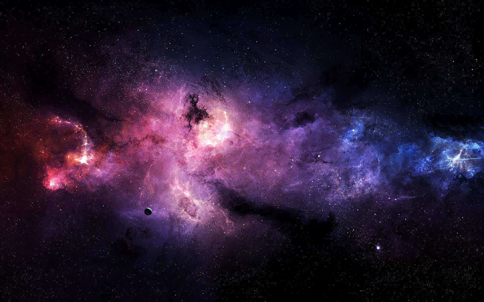 Hipster Galaxy Tumblr 桌布 壁紙 — 一個宇宙星雲在星空中旋轉，呈現鮮豔的粉紅色、紫色和藍色氣體，附近有一顆小行星。