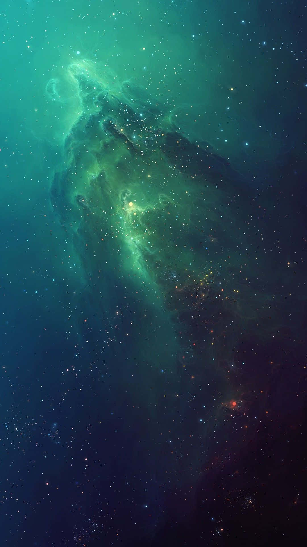 Green Galaxy 桌布 壁紙 — 一個宇宙星雲在星空背景下以充滿活力的青綠色和翡翠色調旋轉，散發著天體能量。