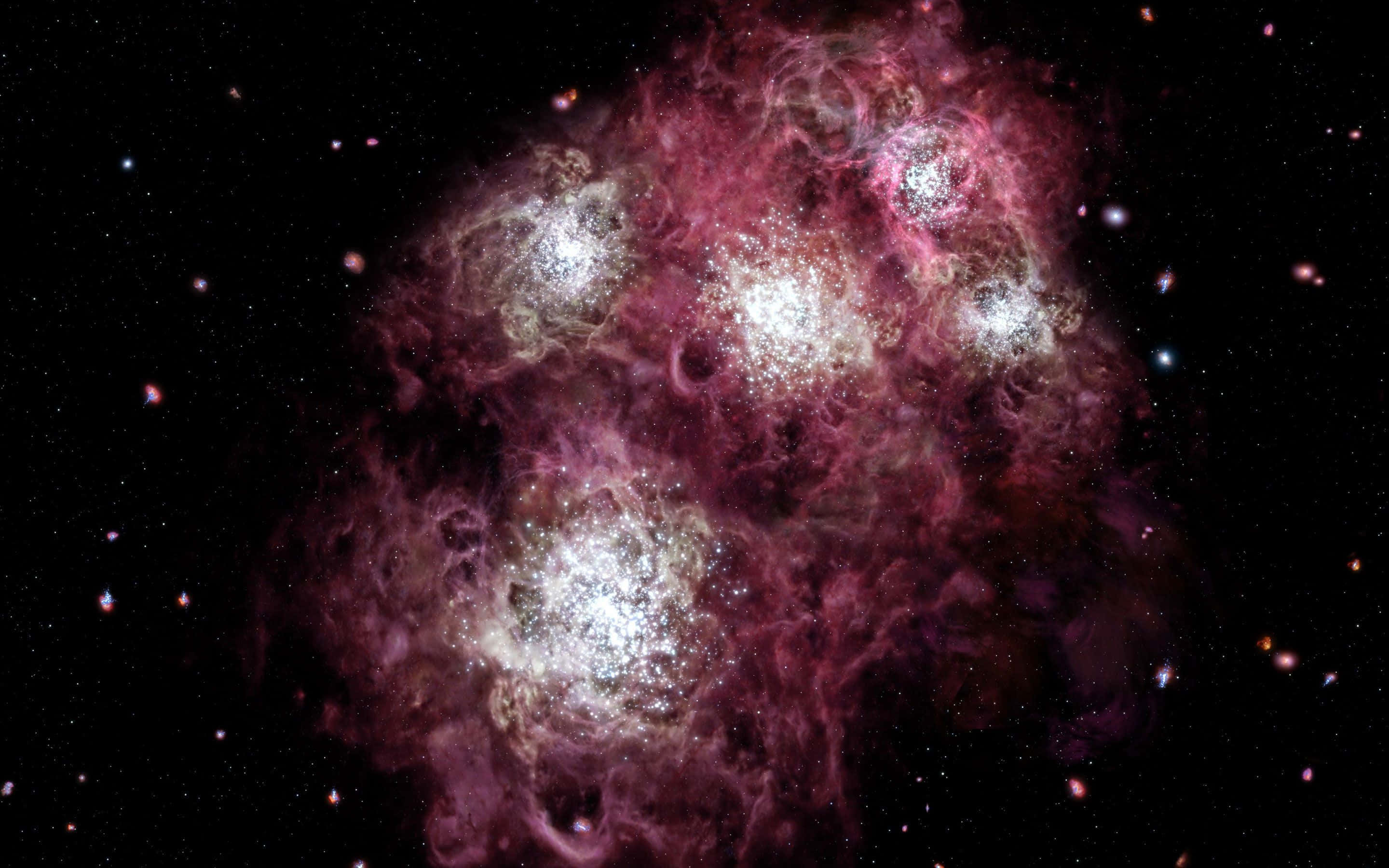 粉紅銀河 桌布 壁紙 — 一個宇宙星雲在星空背景下旋轉，帶有充滿活力的洋紅色和發光的白色星星。
