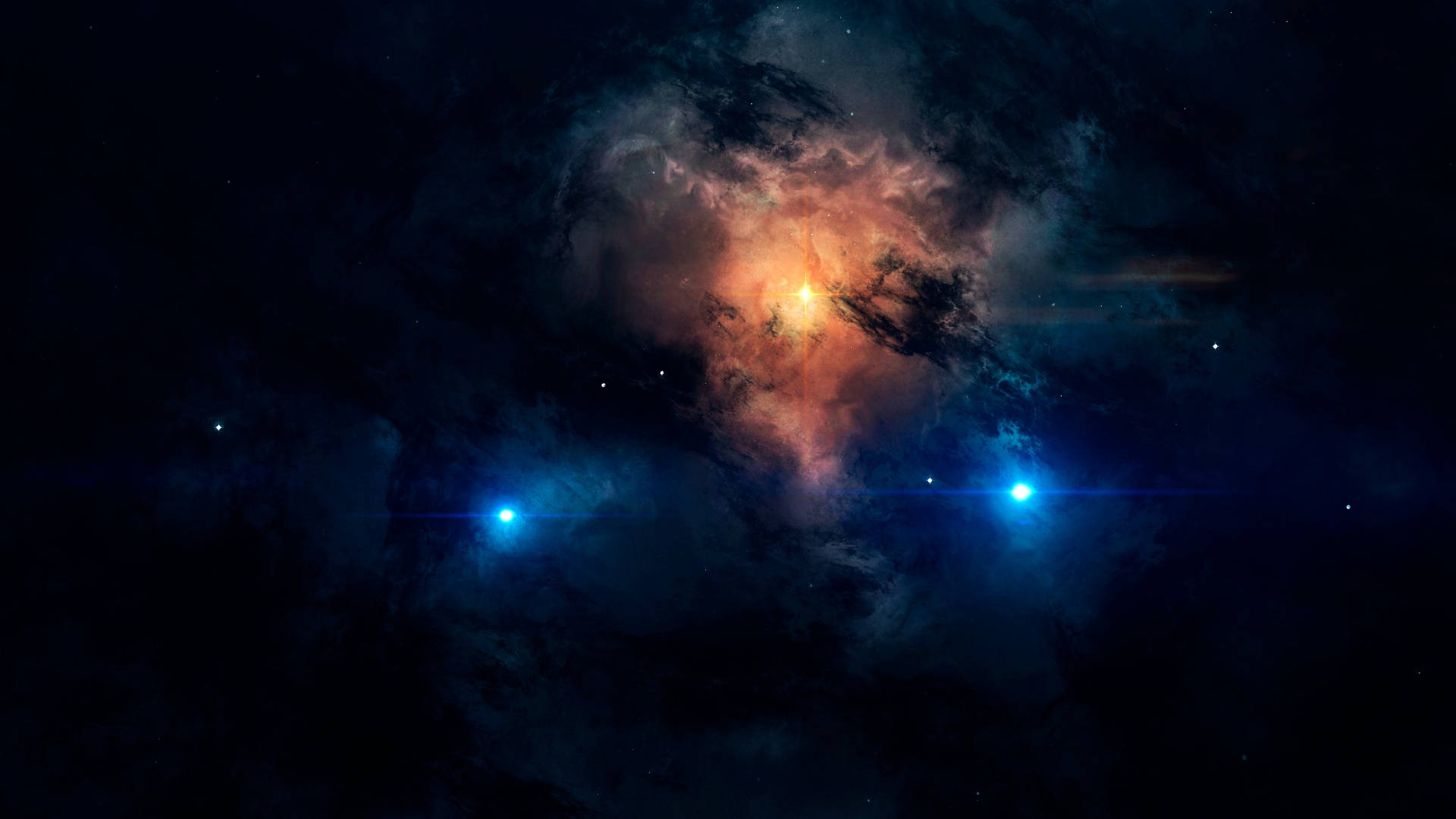 宇宙美學 桌布 壁紙 — 一個宇宙星雲在星空虛空中散發出火橙色和深藍色調，兩顆明亮的藍色星星投射出鏡頭光暈。