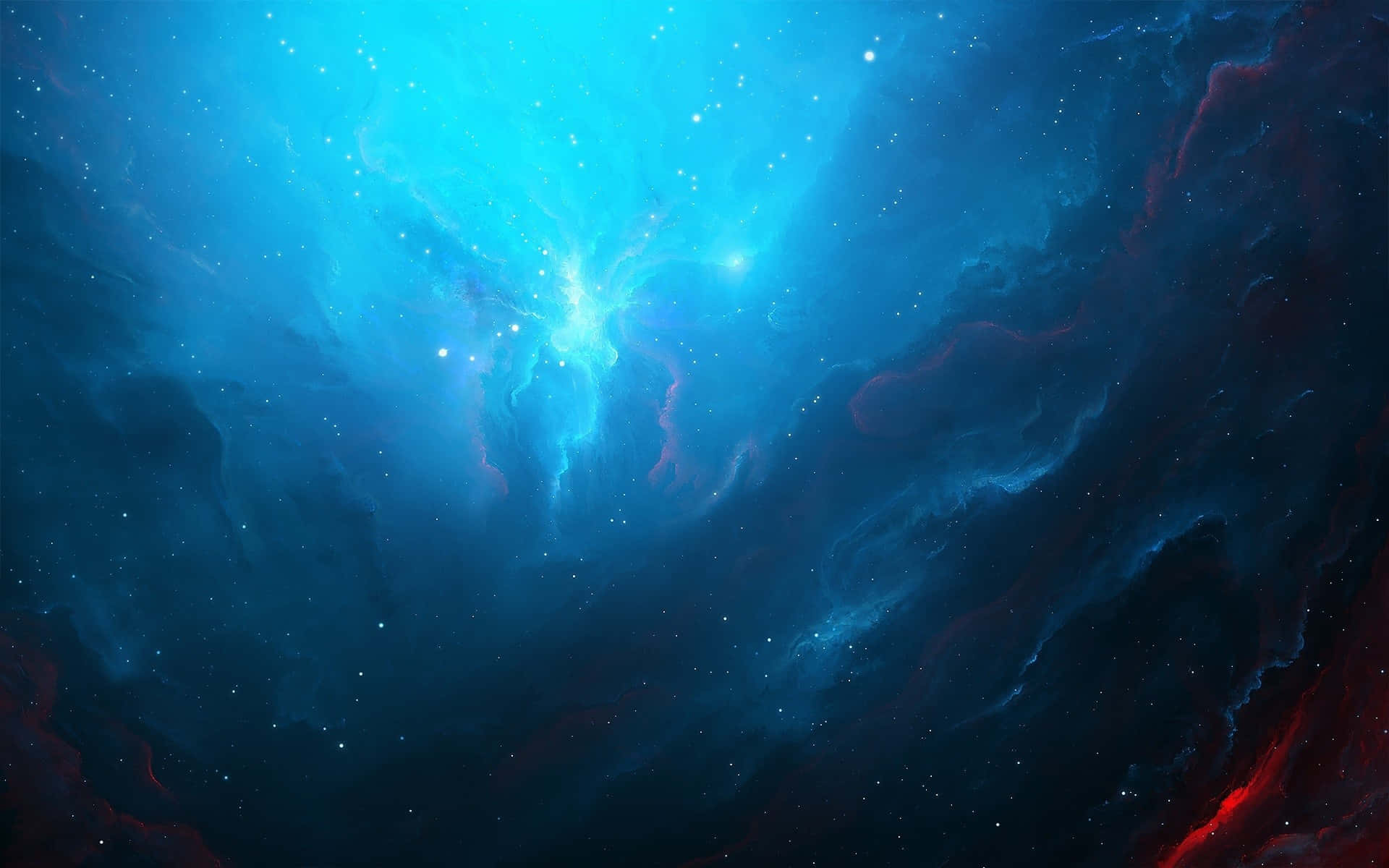 星雲 桌布 壁紙 — 一個宇宙星雲在深空中發出光芒，鮮豔的藍色和紅色氣體圍繞著明亮的恆星旋轉。