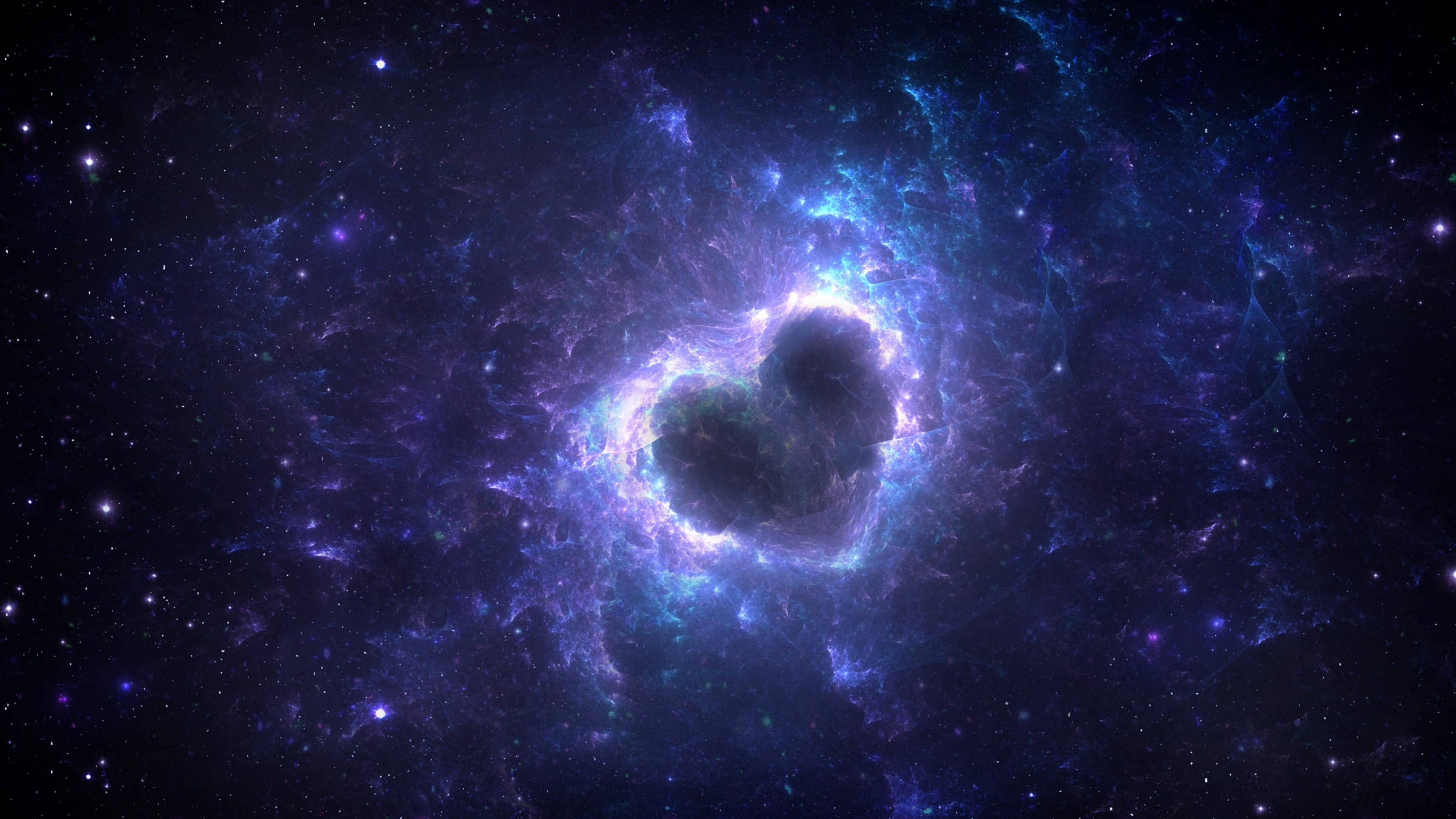 宇宙 桌布 壁紙 — 一個宇宙星雲在深空中發出電藍色和紫色的光芒，環繞著一個黑暗的心形空洞。