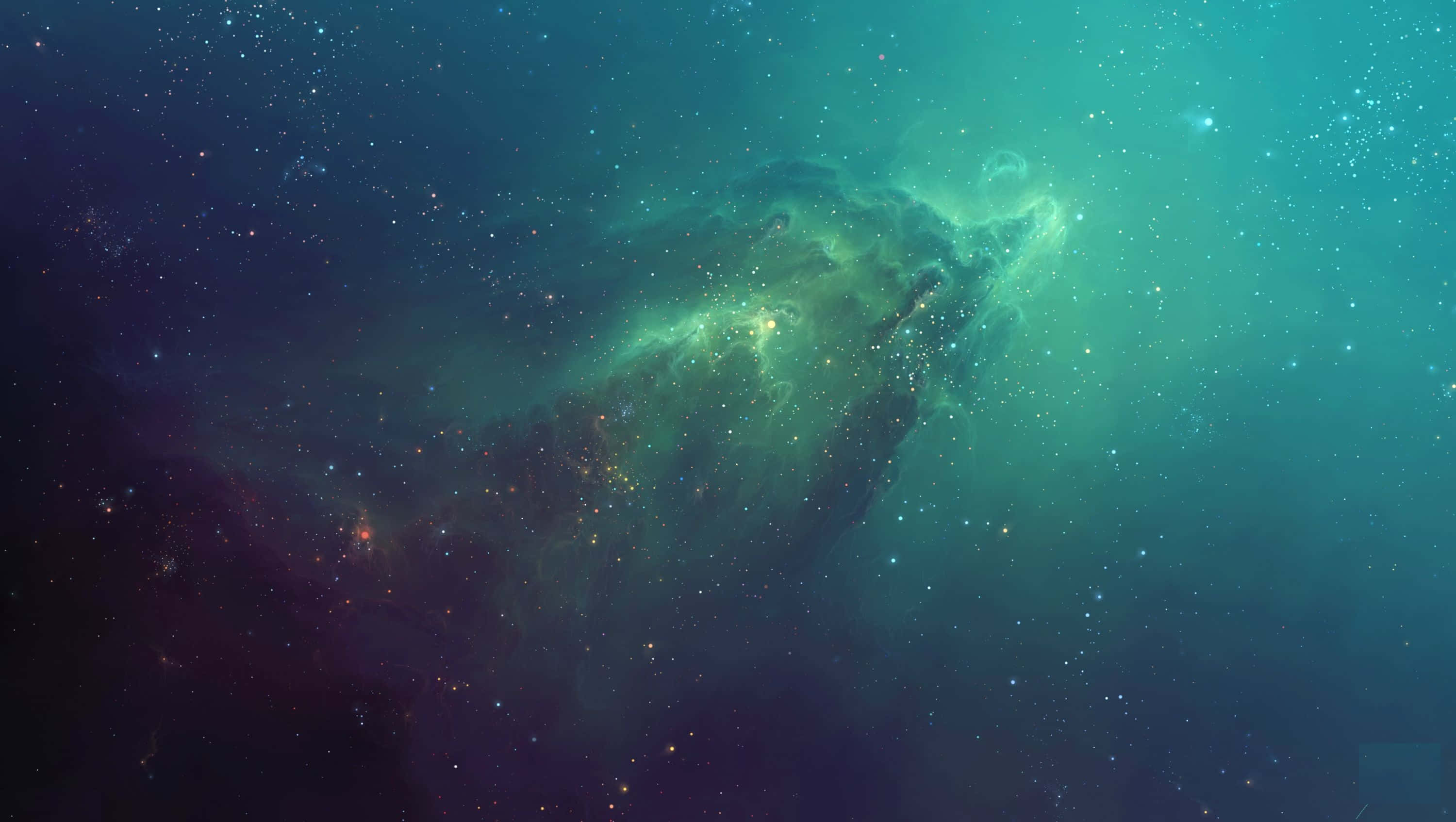 Ambience 桌布 壁紙 — 一個宇宙星雲在深空星場中散發出充滿活力的藍綠色和深紫色色調。