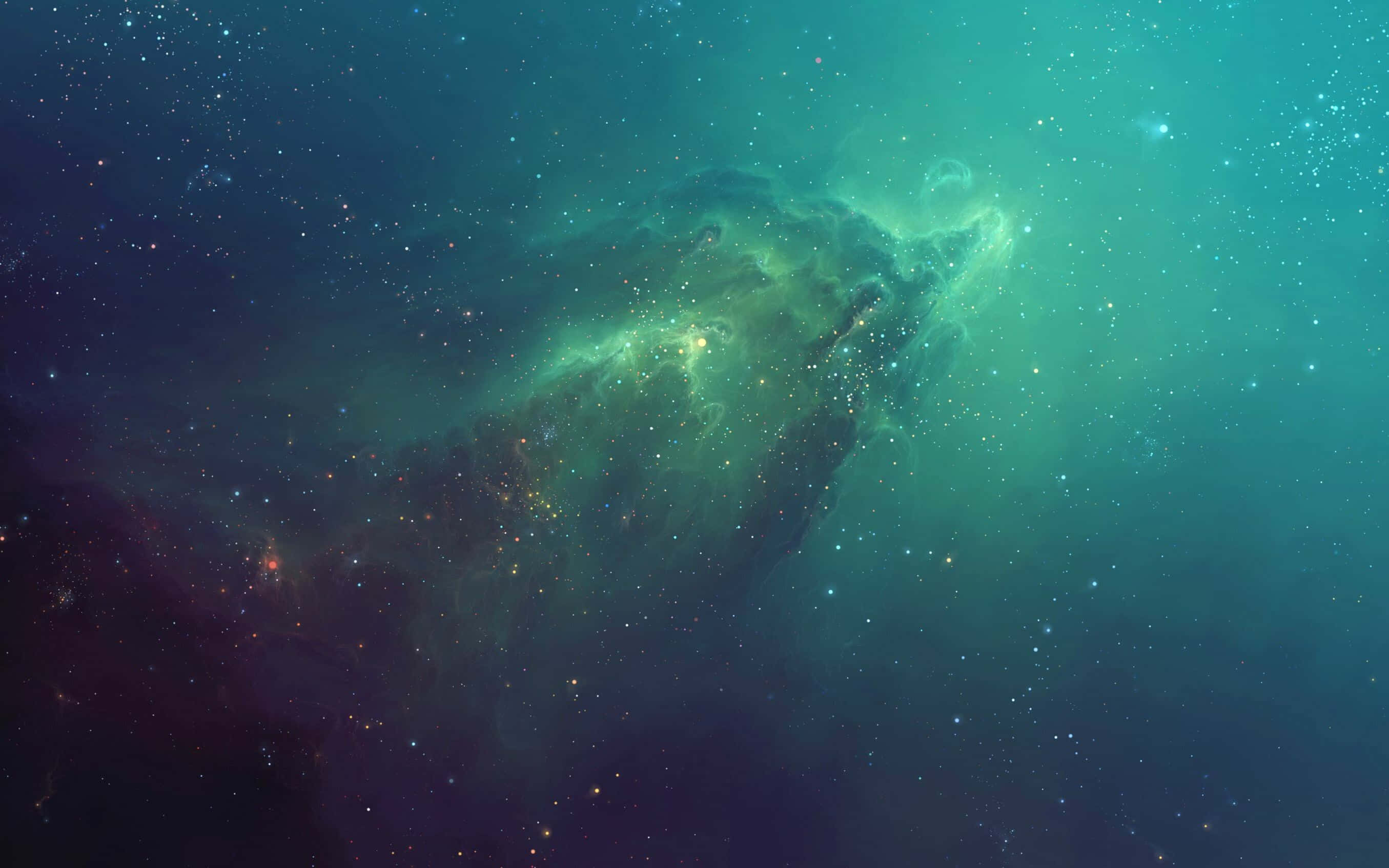 3d Space 桌布 壁紙 — 一個宇宙星雲在深空星場背景下散發出充滿活力的青綠色和深紫色色調。