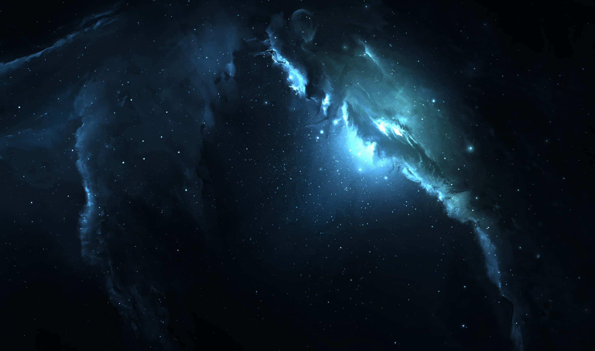 2440x1440 Monitor 桌布 壁紙 — 一個宇宙星雲在深空的星場背景下發出電光藍和青綠色的光芒。