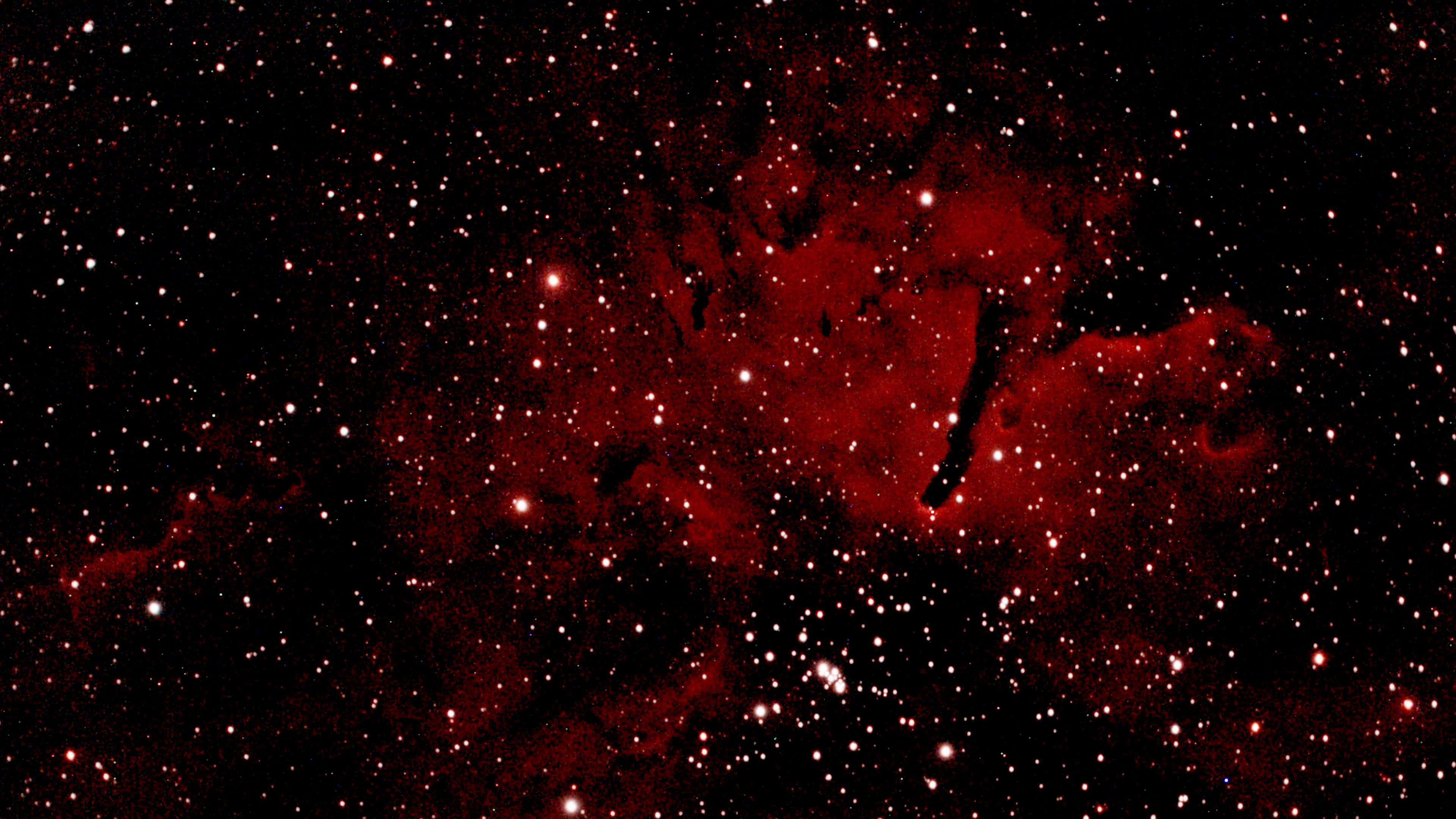紅色動圖 桌布 壁紙 — 一個宇宙星雲在深紅色調中發光，背景是散佈著明亮星星的星場。