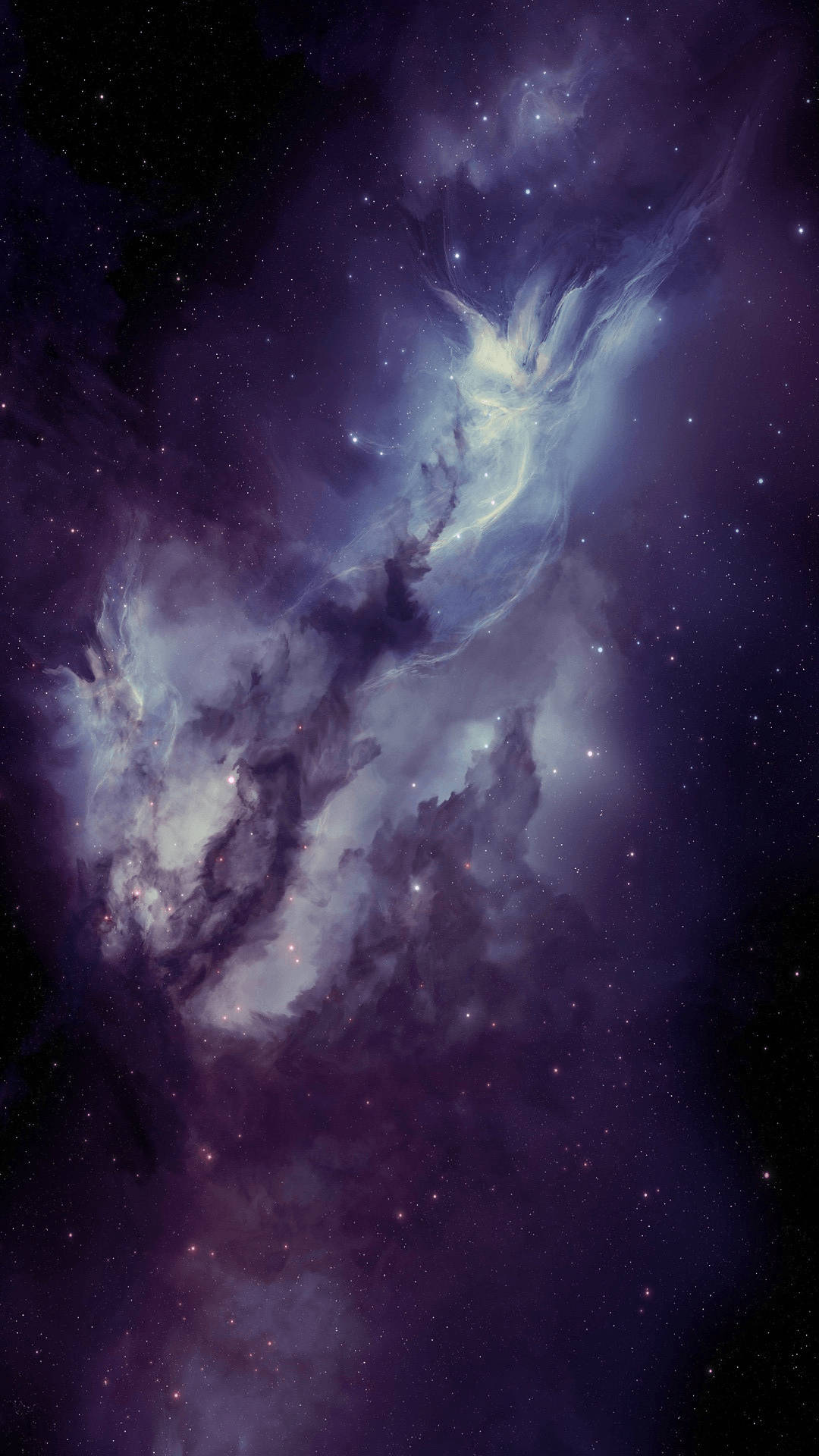 太空電話 桌布 壁紙 — 一個宇宙星雲在深紫色和藍色中旋轉，背景是星空，散發著空靈的光芒。