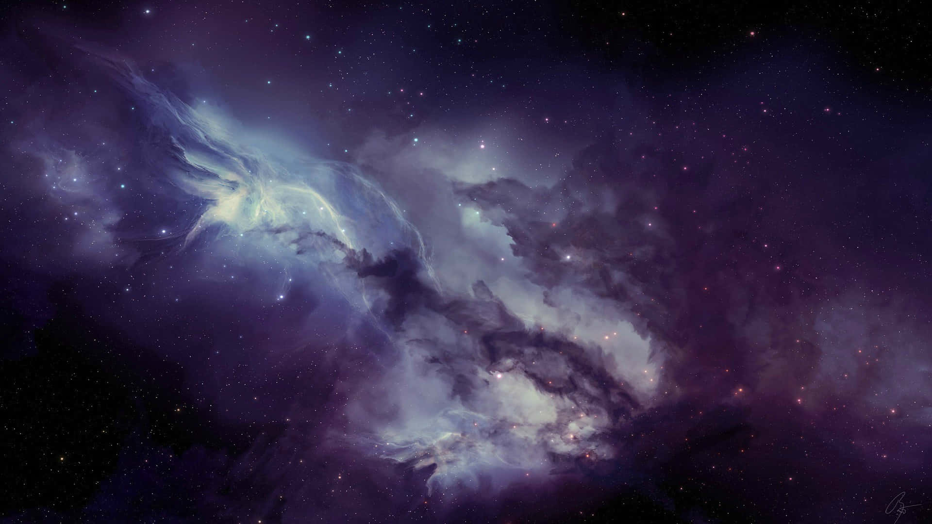 Alternative Art 桌布 壁紙 — 一個宇宙星雲在深紫色和藍色中旋轉，發光的星星散落在黑暗的太空虛空中。