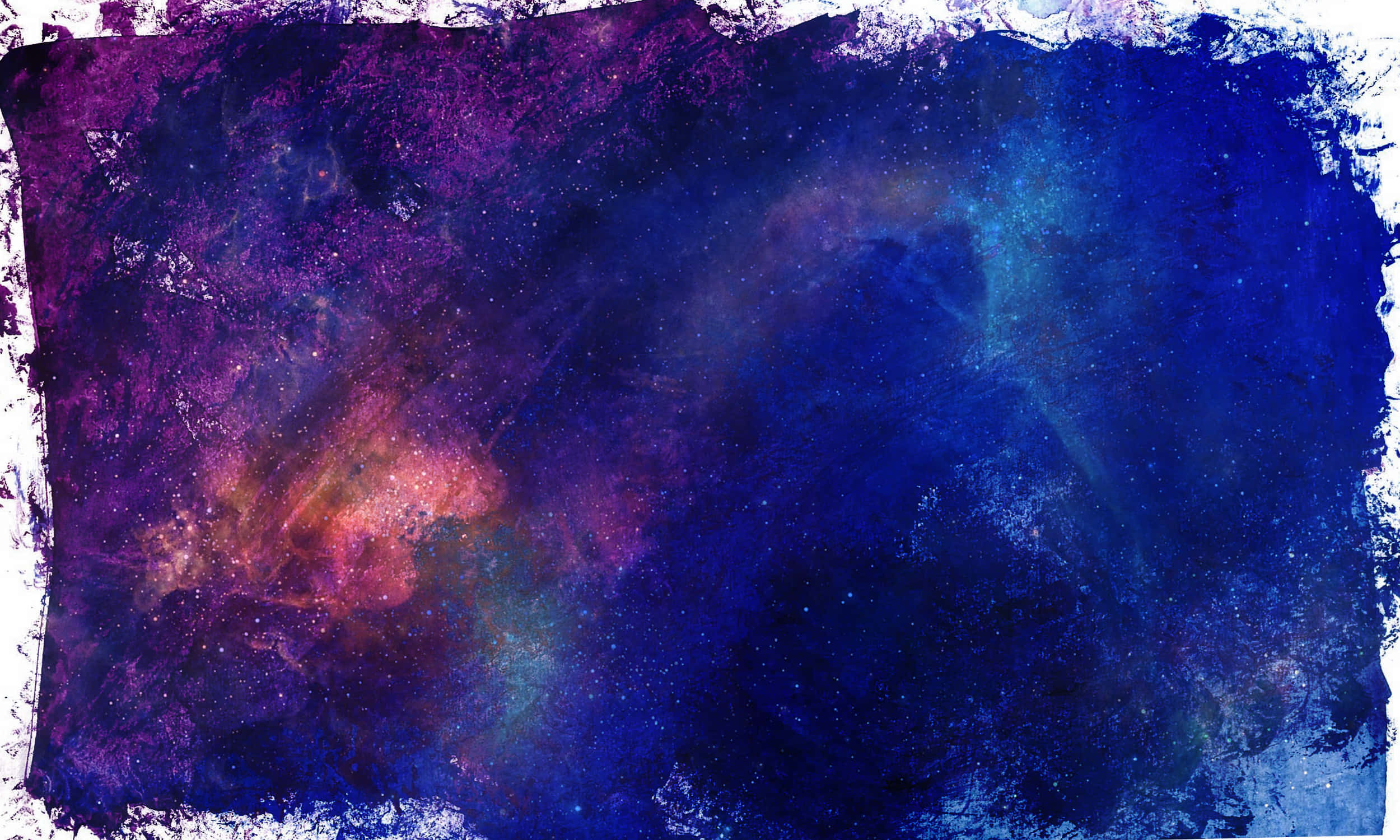 High Resolution Watercolor 桌布 壁紙 — 一個宇宙星雲在深藍色、紫色和火熱的橙色中旋轉，背景是帶有紋理的星空。