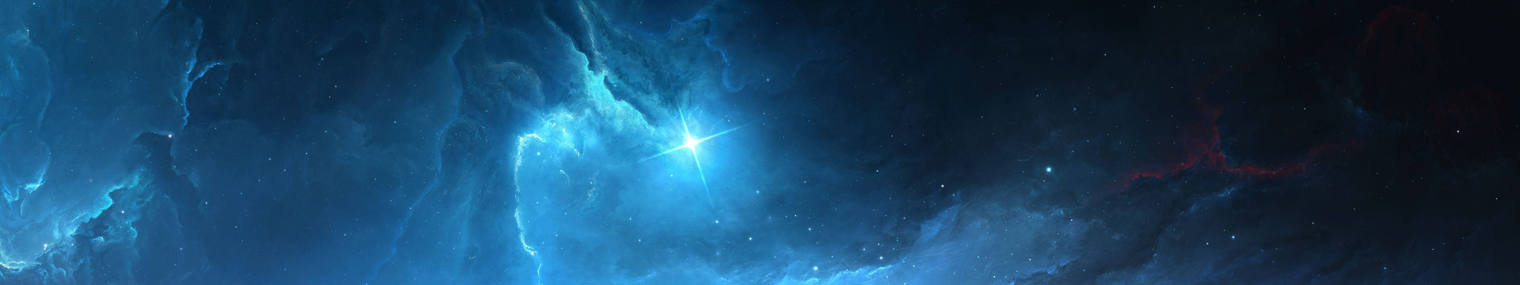 銀河 桌布 壁紙 — 一個宇宙星雲在深藍色和紅色中旋轉，中心有一顆明亮的星星閃耀。