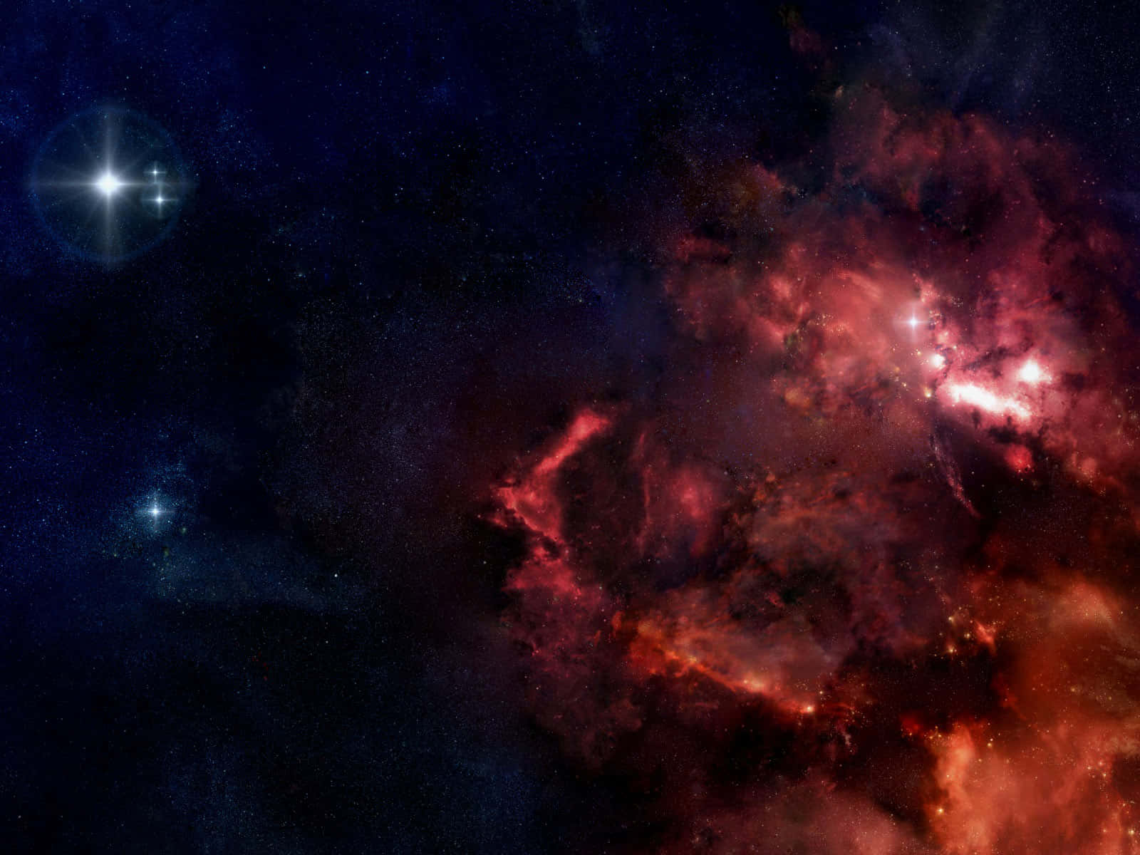 Red Space 桌布 壁紙 — 一個宇宙星雲在深藍色星場中旋轉，呈現火紅和橙色，並帶有明亮的鏡頭眩光星星。