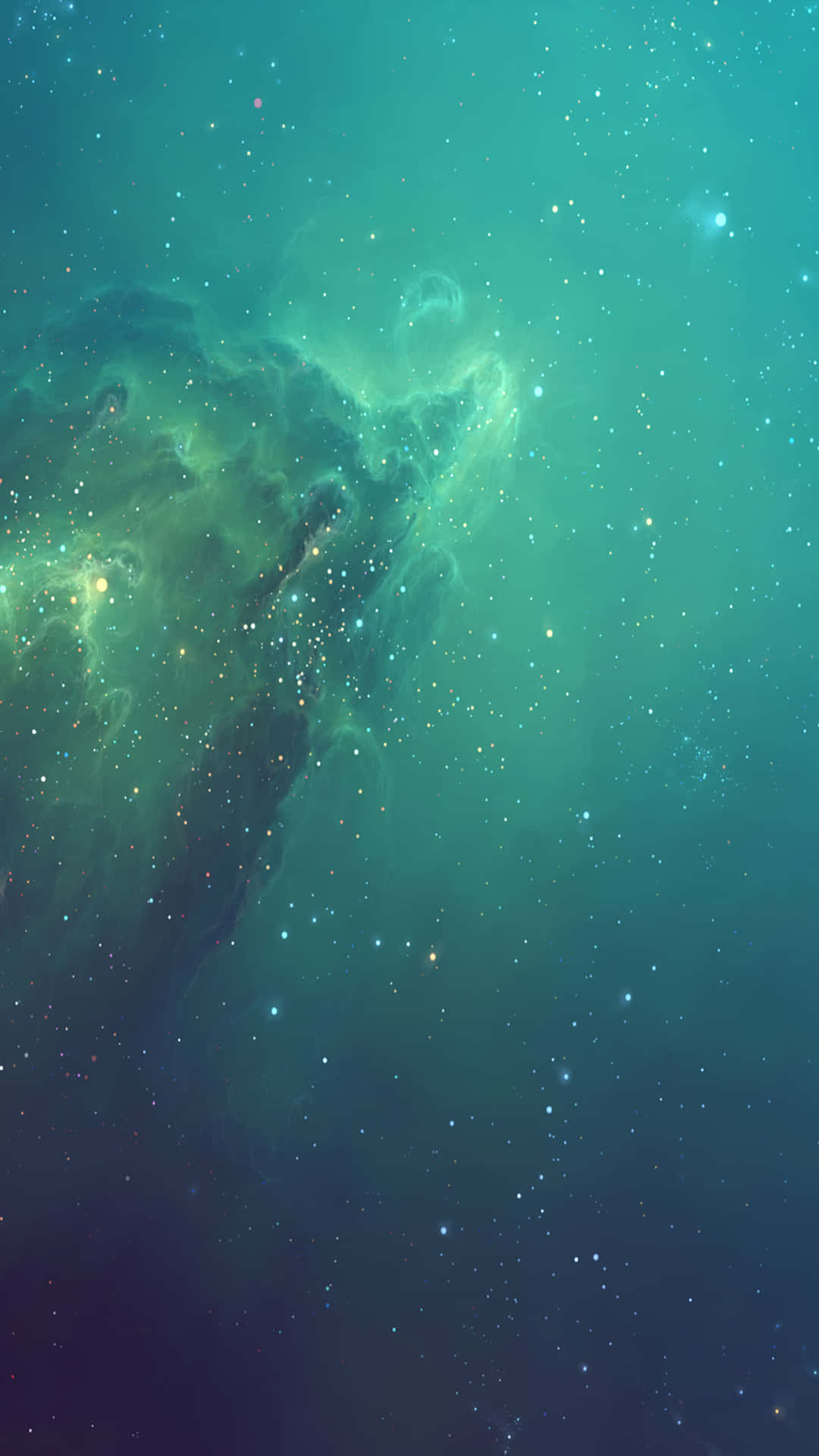dreamy 桌布 壁紙 — 一個宇宙星雲在深邃的太空背景下，以充滿活力的藍綠色和翡翠綠色調旋轉，點綴著閃爍的星星。