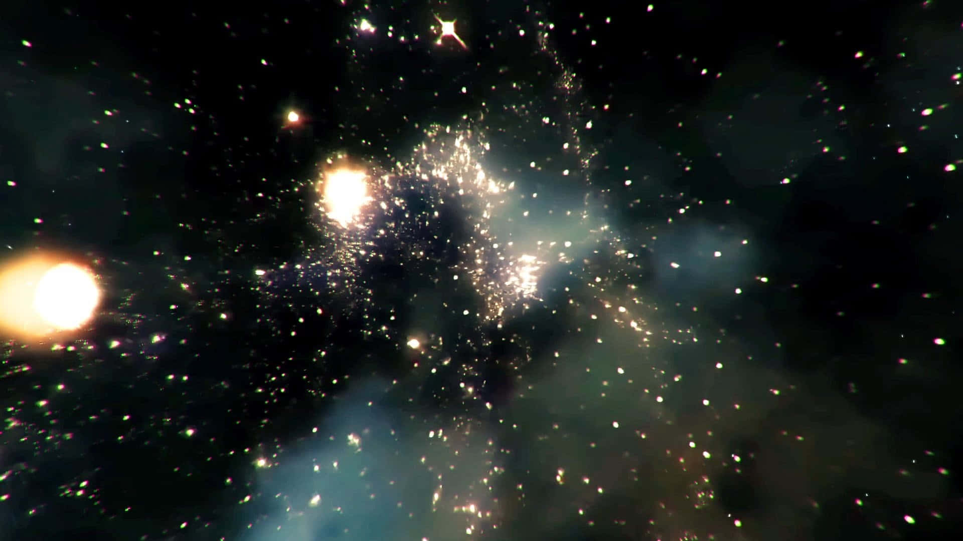 Animated Space 桌布 壁紙 — 一個宇宙星雲在深邃的黑色虛空中旋轉，散發著發光的氣體和明亮的星星。