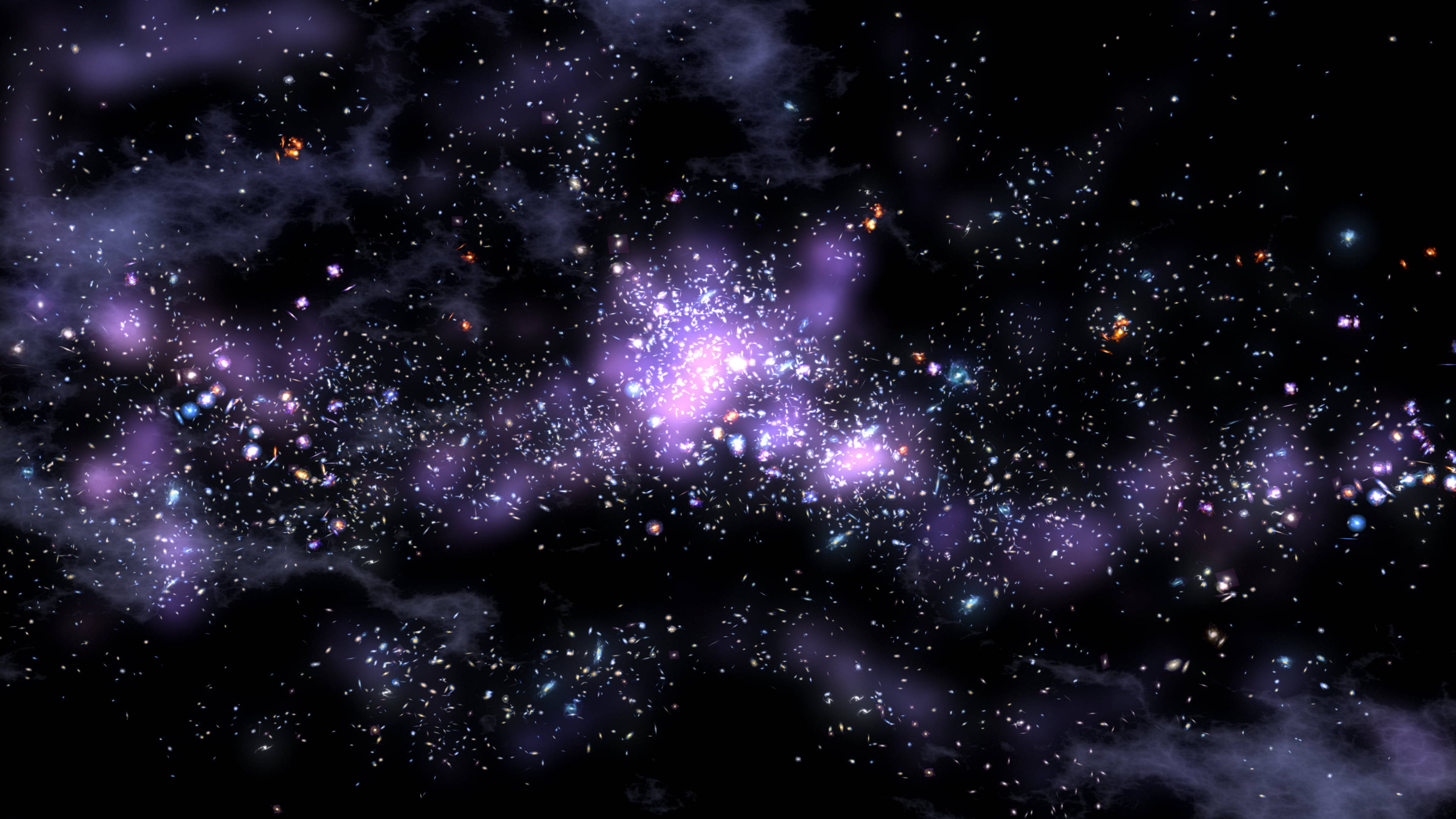 黑紫美學 桌布 壁紙 — 一個宇宙星雲在深邃的黑色虛空中旋轉，充滿了鮮豔的紫色和藍色星星。