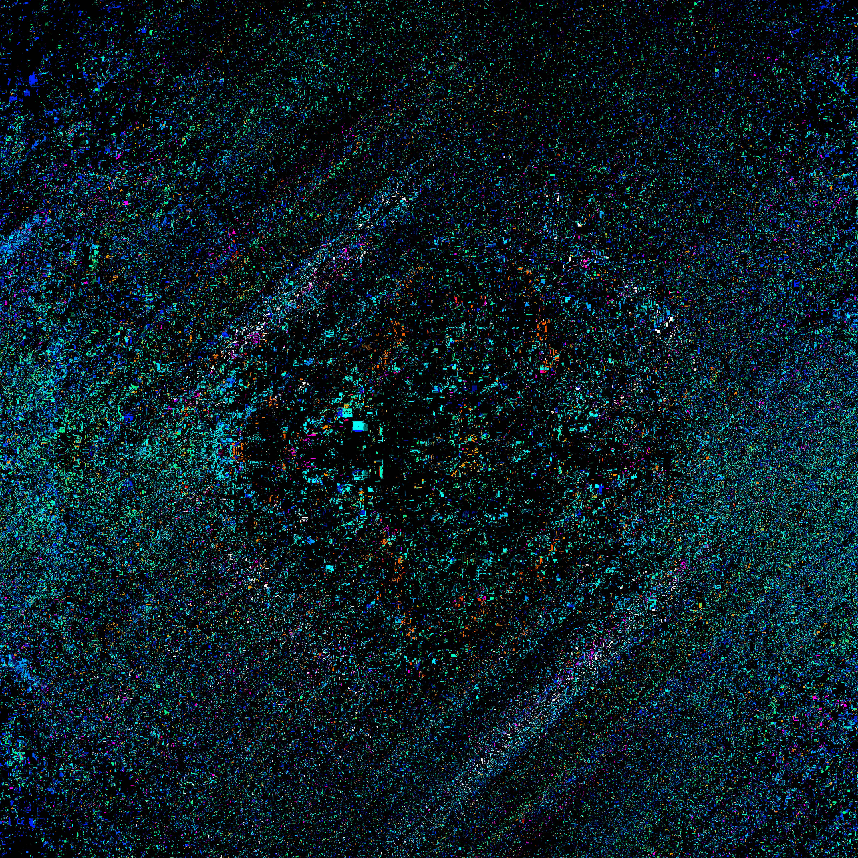 故障 桌布 壁紙 — 一個宇宙星雲在深邃的黑色虛空中旋轉，帶有充滿活力的藍綠色和橙色斑點。