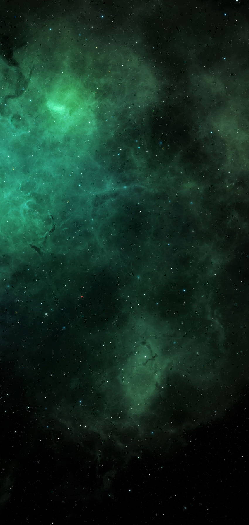 Green Space 桌布 壁紙 — 一個宇宙星雲在深邃黑色星空和零星光點的背景中，以鮮豔的祖母綠色旋轉。