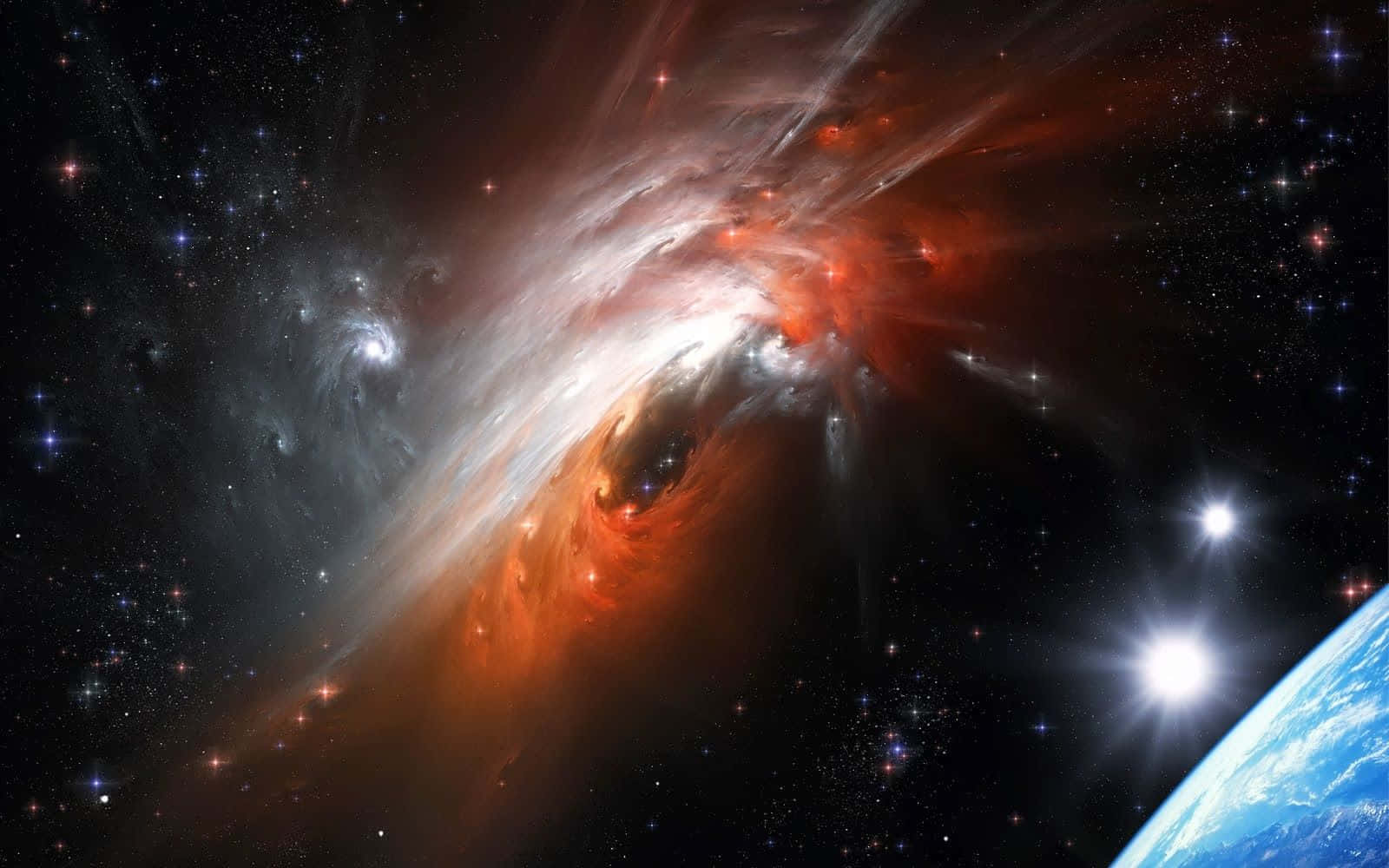 史詩 桌布 壁紙 — 一個宇宙星雲在火紅和白色的漩渦中，背景是星空，角落可見地球的藍色曲線。