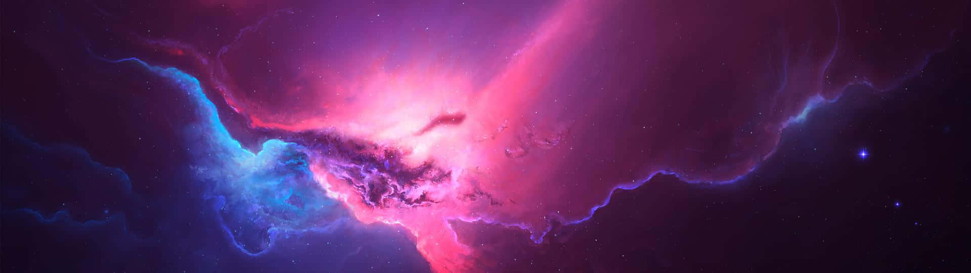 桌布 壁紙 — 一個宇宙星雲在生動的粉紅色和電光藍色中旋轉，背景是佈滿星星的虛空，並帶有發光的宇宙塵埃。