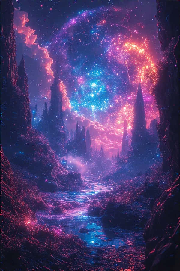 Neon Landscape 桌布 壁紙 — 一個宇宙星雲在生動的藍色和粉紅色中旋轉，位於一條蜿蜒穿過鋸齒狀黑暗尖塔峽谷的發光河流之上。