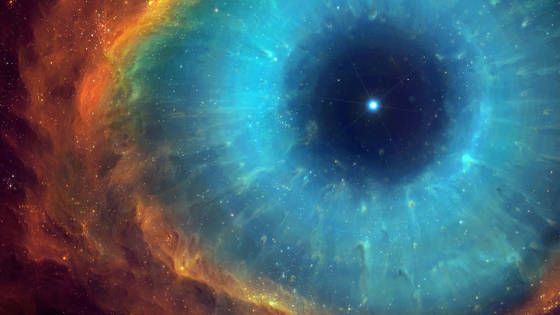 Space Nebula 桌布 壁紙 — 一個宇宙星雲在發光的中心恆星周圍以鮮豔的藍色和火熱的橙色旋轉。