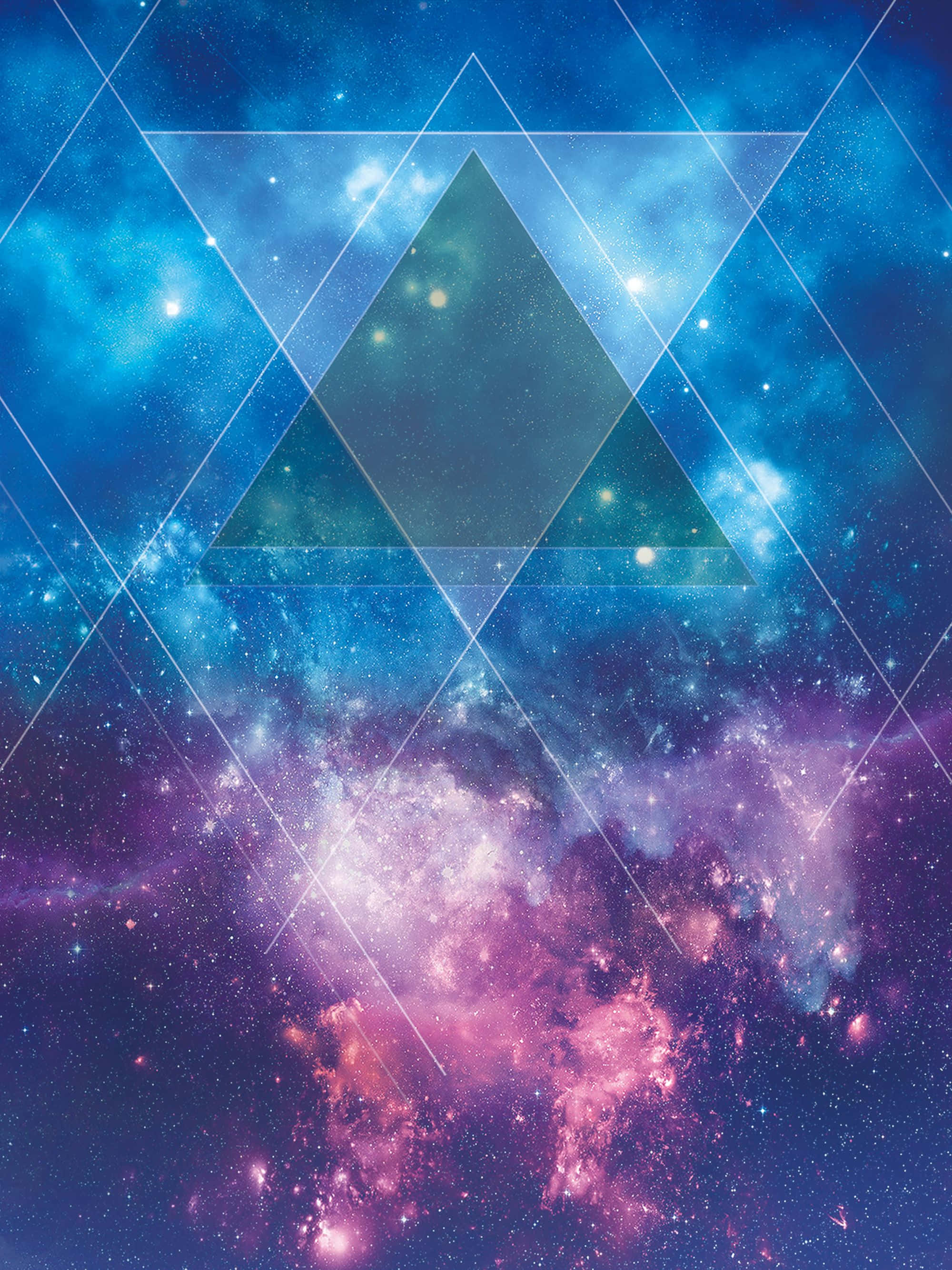 Galaxy Poster 桌布 壁紙 — 一個宇宙星雲在發光的幾何三角形網格後面以鮮豔的藍色和粉紅色旋轉。