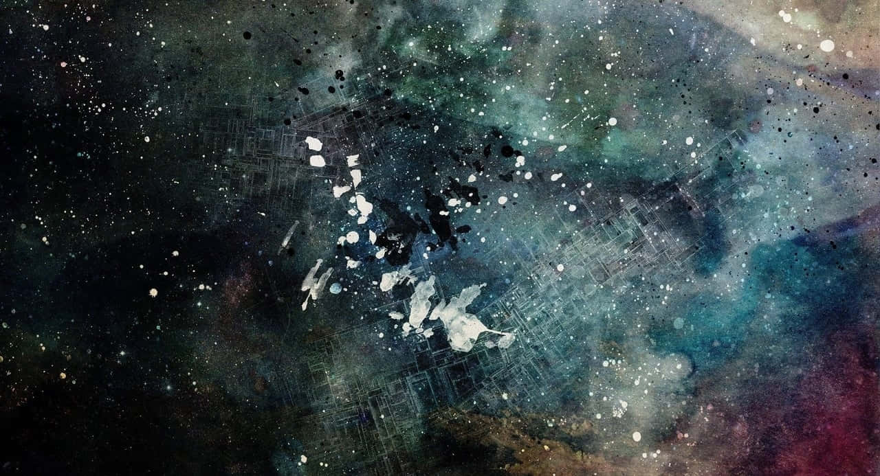 Splatter Paint 桌布 壁紙 — 一個宇宙星雲在繁星點點的虛空中旋轉，帶有青色和洋紅色調，並濺上白色和黑色的油漆筆觸。