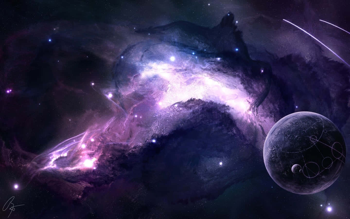 Galaxy Poster 桌布 壁紙 — 一個宇宙星雲在繁星點點的虛空中發出鮮豔的紫色和白色光芒，附近有一顆細節豐富的行星。