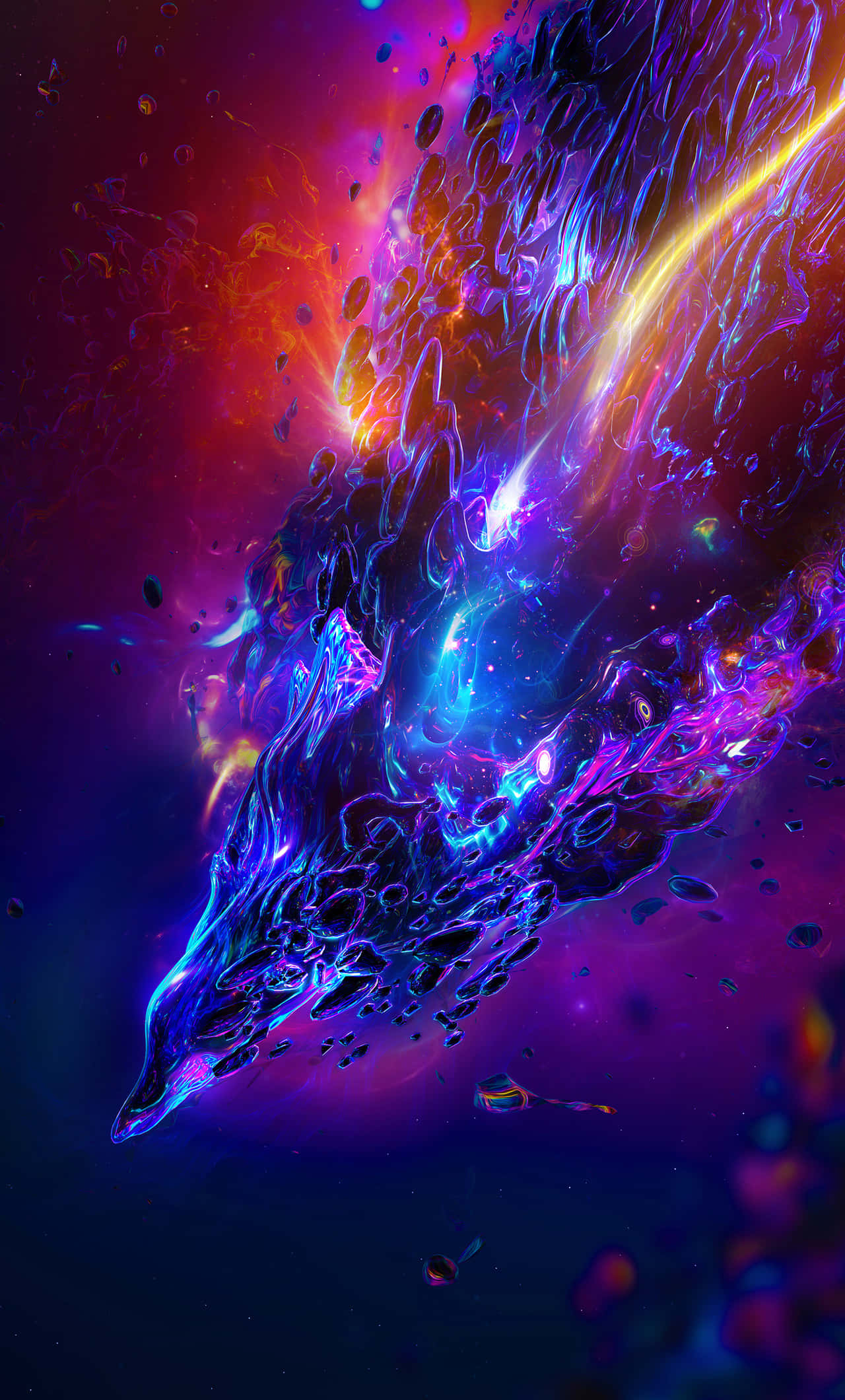 Epic iPhone 桌布 壁紙 — 一個宇宙星雲在超現實的數位空間中旋轉，帶有電光藍、紫色和火熱的橙色。